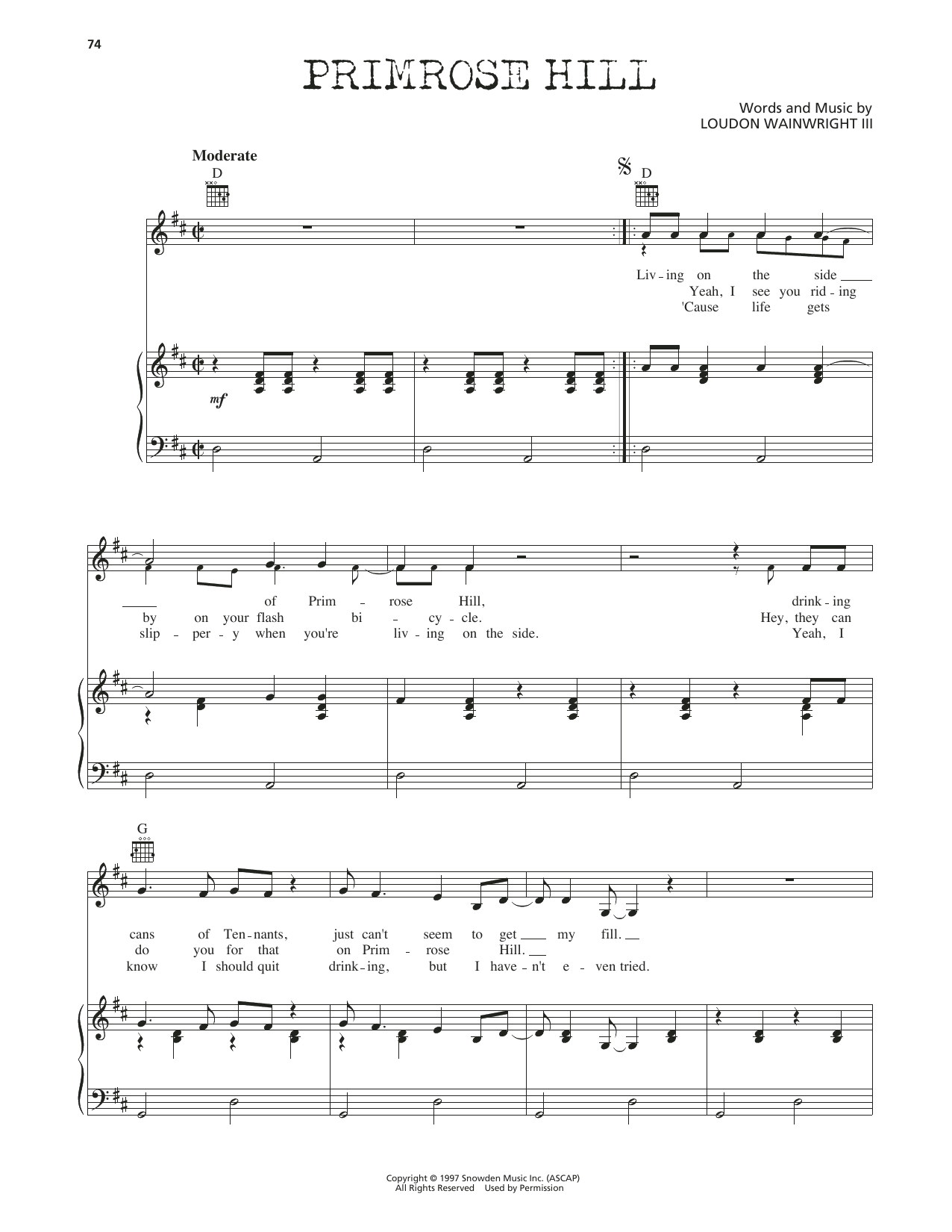 Loudon Wainwright III Primrose Hill sheet music notes and chords arranged for Piano, Vocal & Guitar Chords (Right-Hand Melody)