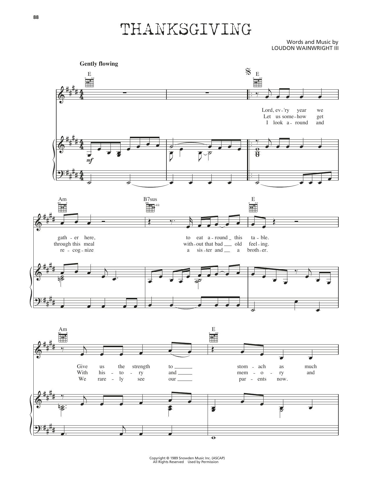 Loudon Wainwright III Thanksgiving sheet music notes and chords arranged for Piano, Vocal & Guitar Chords (Right-Hand Melody)