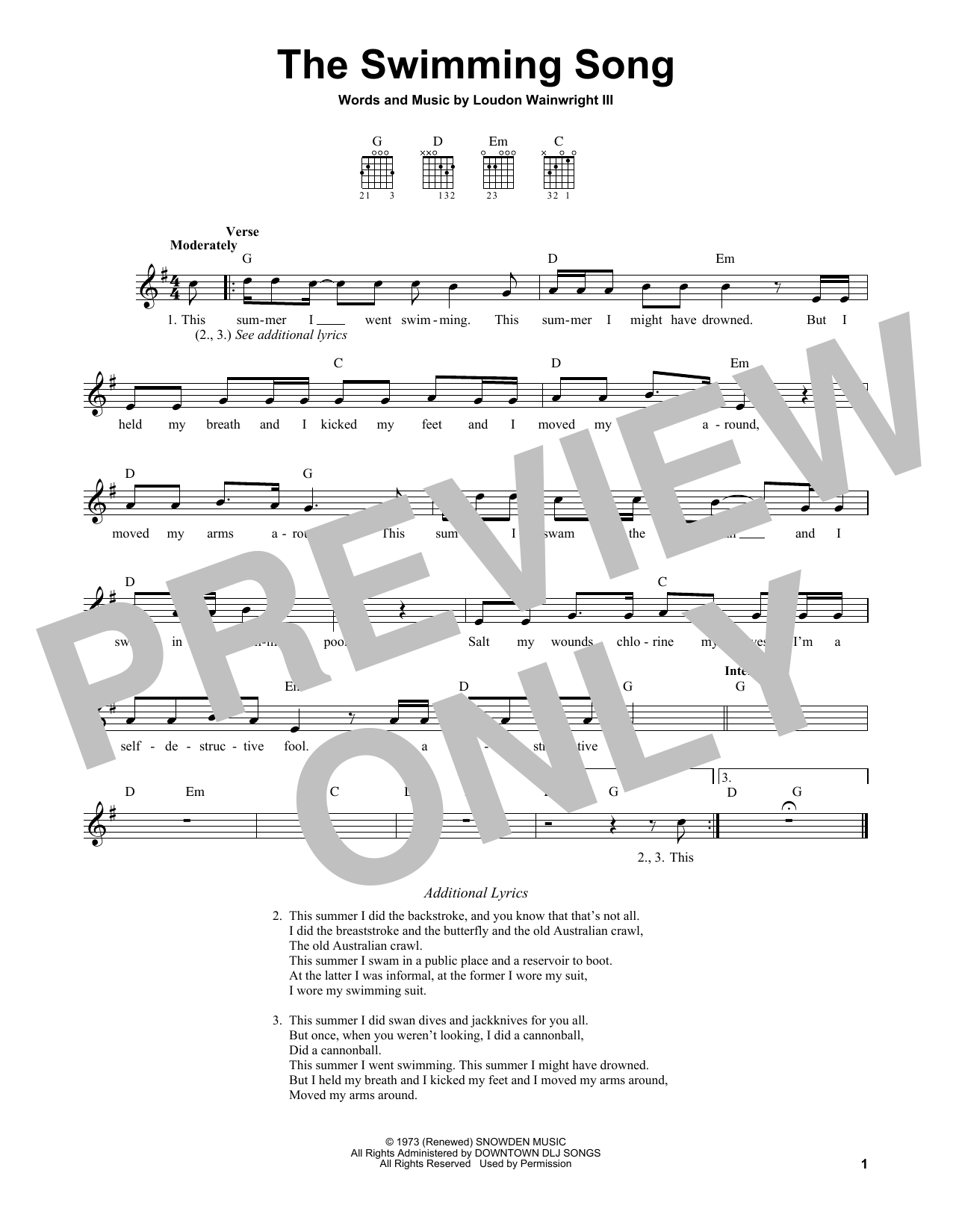 Loudon Wainwright III The Swimming Song sheet music notes and chords arranged for Easy Guitar