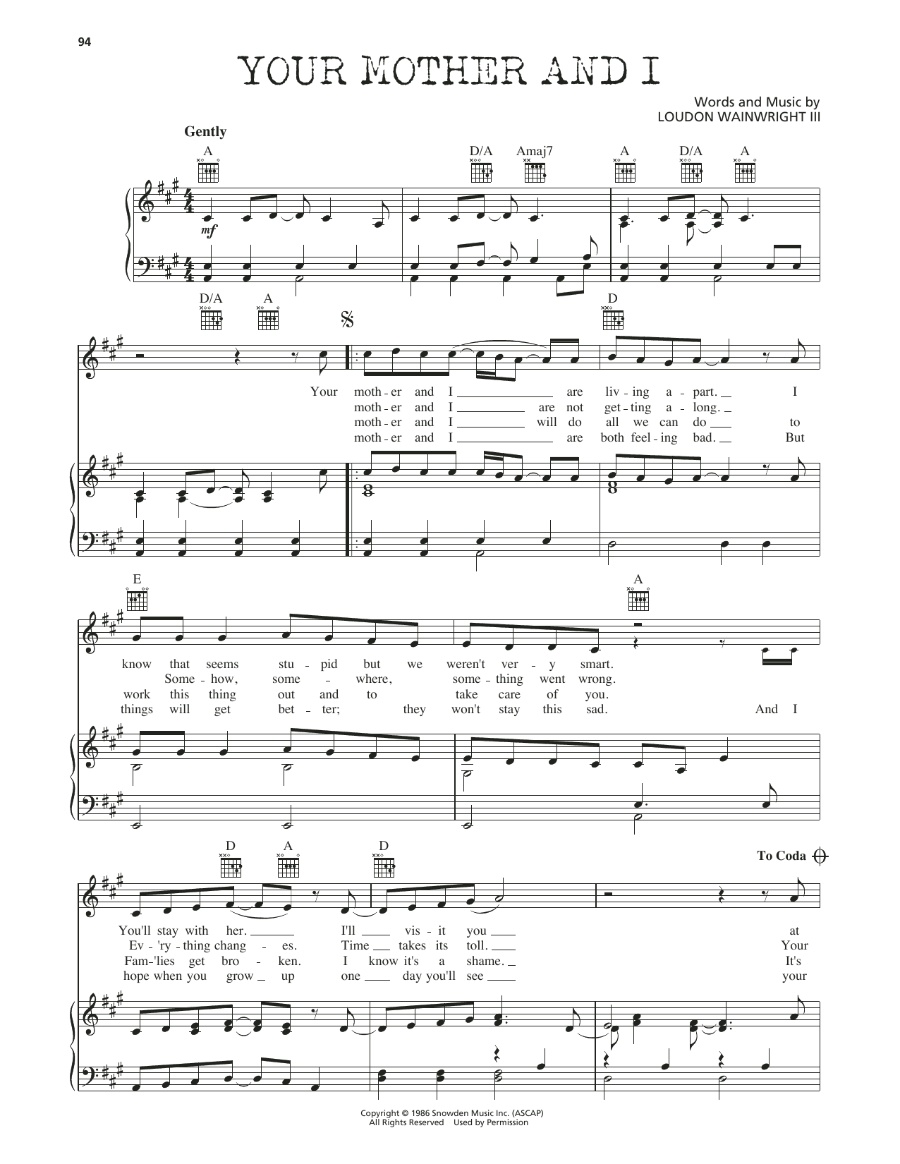Loudon Wainwright III Your Mother And I sheet music notes and chords arranged for Piano, Vocal & Guitar Chords (Right-Hand Melody)