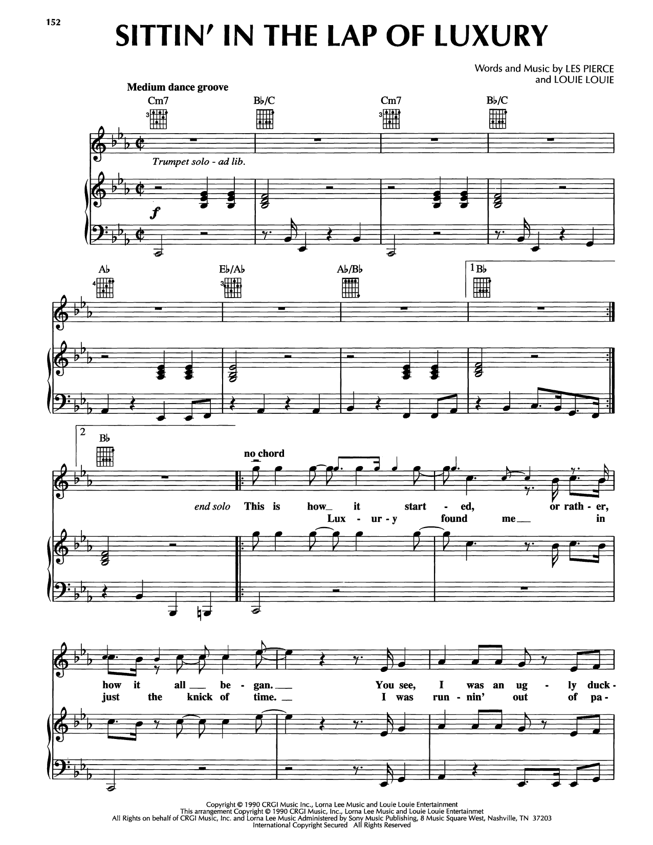 Louie Louie Sittin' In The Lap Of Luxury sheet music notes and chords arranged for Piano, Vocal & Guitar Chords (Right-Hand Melody)