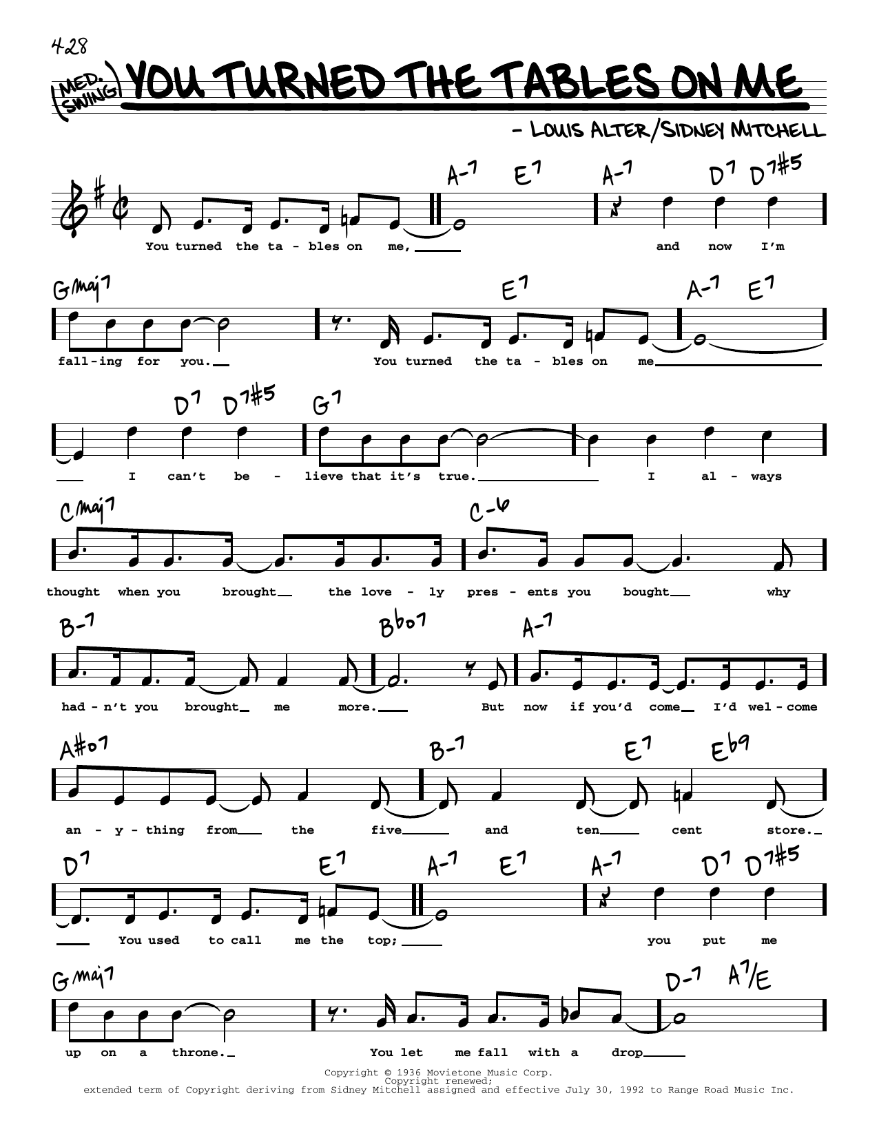 Louis Alter and Sidney D. Mitchell You Turned The Tables On Me (High Voice) sheet music notes and chords arranged for Real Book – Melody, Lyrics & Chords