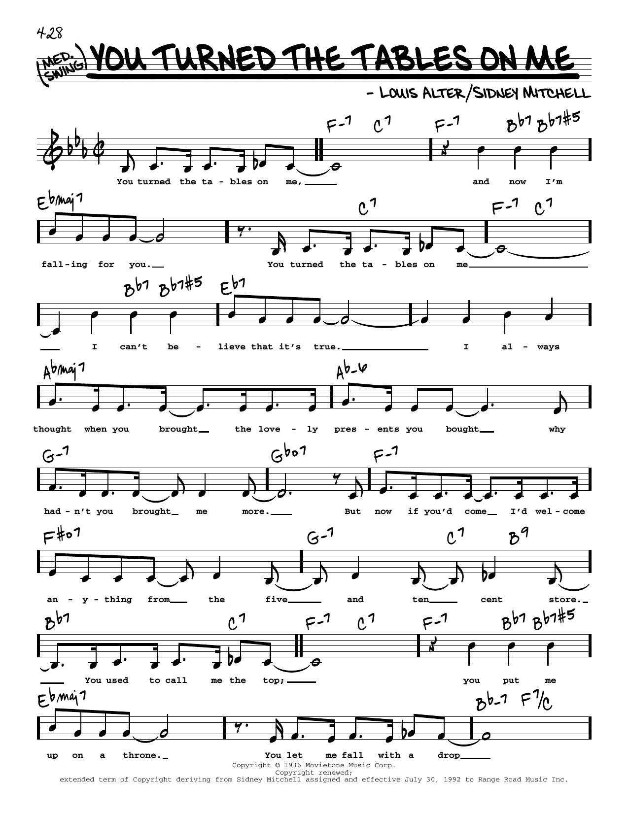 Louis Alter You Turned The Tables On Me (Low Voice) sheet music notes and chords arranged for Real Book – Melody, Lyrics & Chords