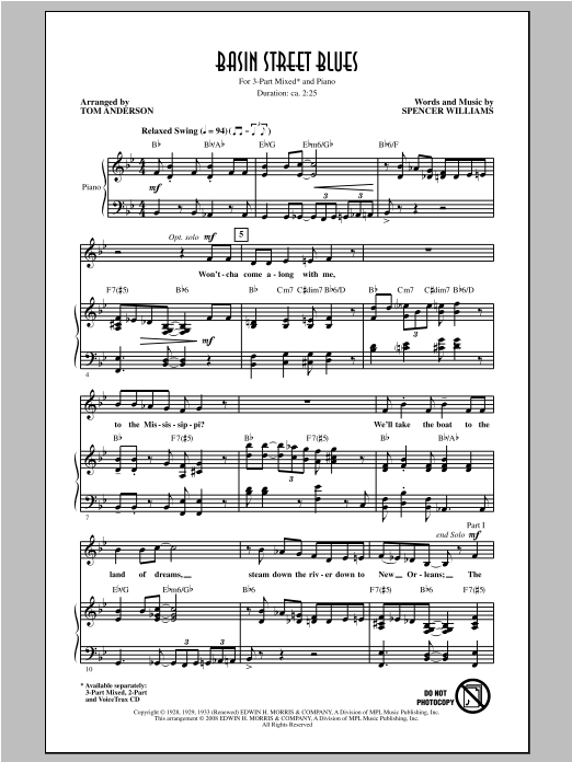 Louis Armstrong Basin Street Blues (arr. Tom Anderson) sheet music notes and chords arranged for 2-Part Choir