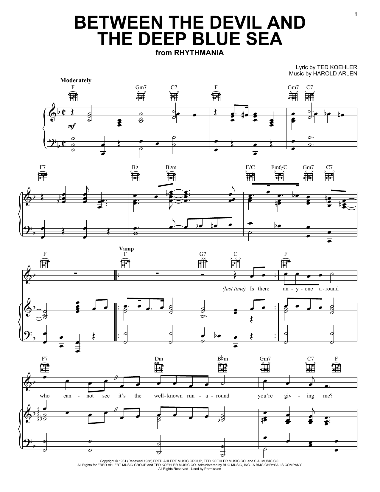 Louis Armstrong Between The Devil And The Deep Blue Sea sheet music notes and chords arranged for Piano, Vocal & Guitar Chords (Right-Hand Melody)