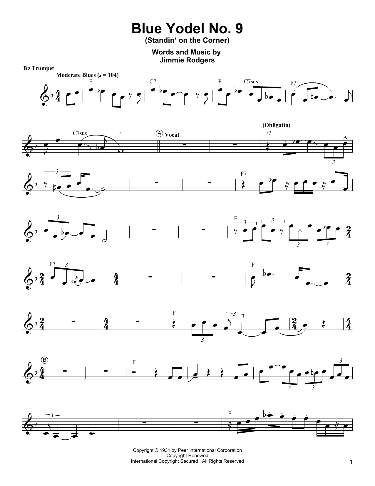 Louis Armstrong Blue Yodel No. 9 (Standin' On The Corner) sheet music notes and chords arranged for Trumpet Transcription
