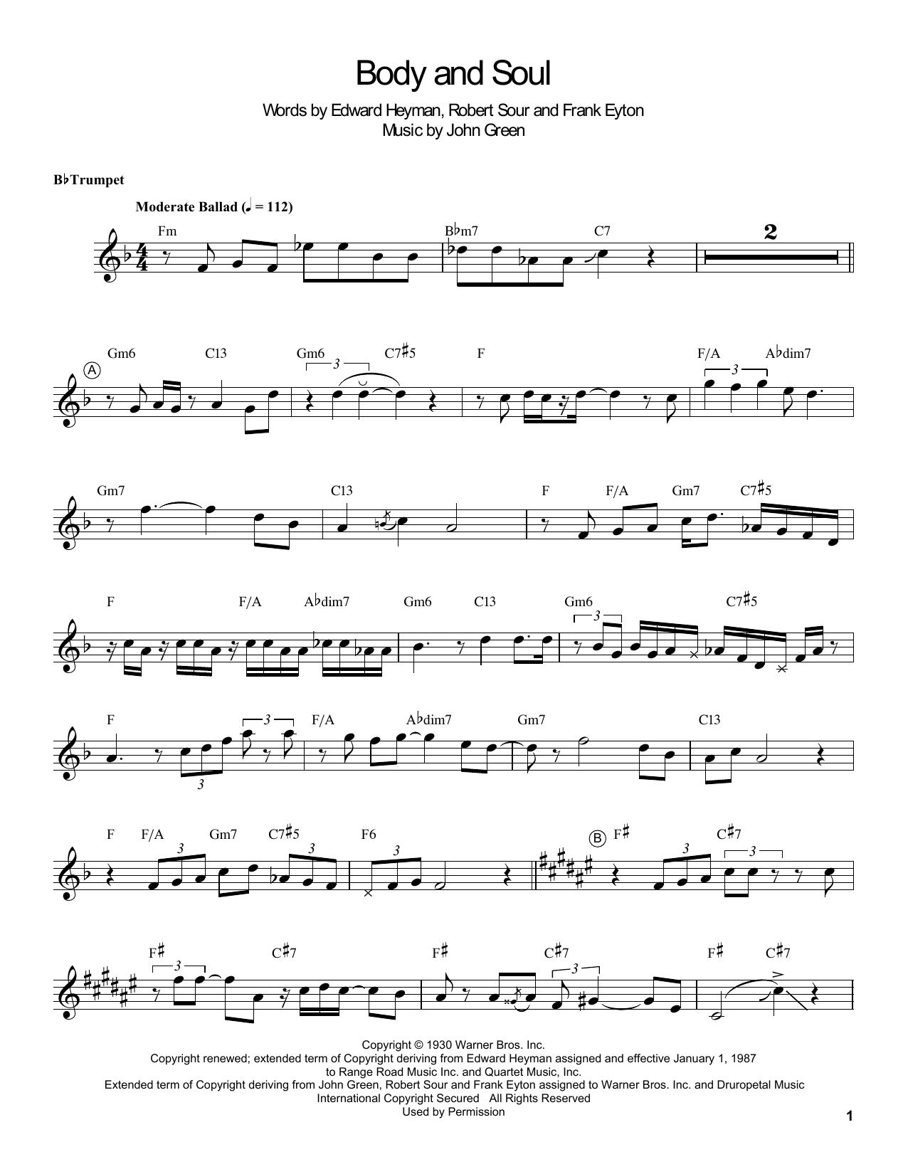 Louis Armstrong Body And Soul sheet music notes and chords arranged for Trumpet Transcription