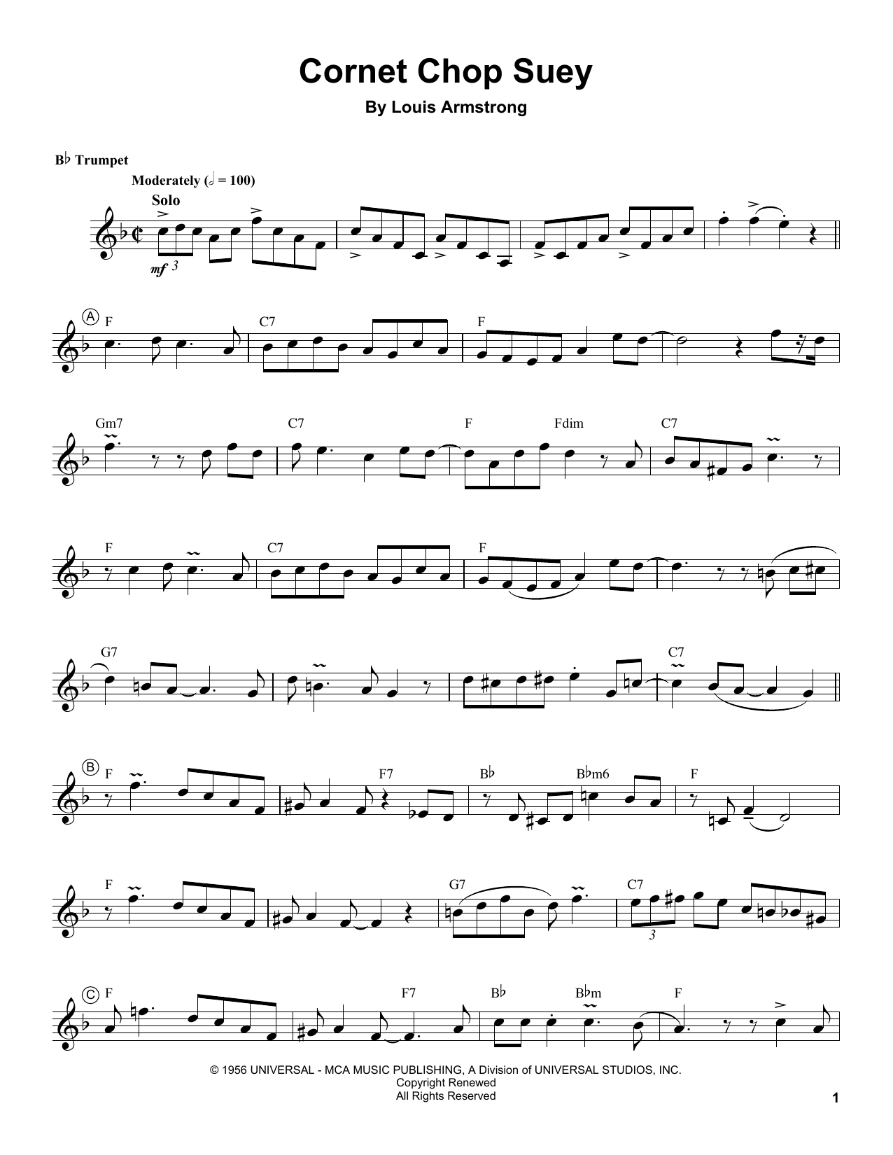 Louis Armstrong Cornet Chop Suey sheet music notes and chords arranged for Trumpet Transcription