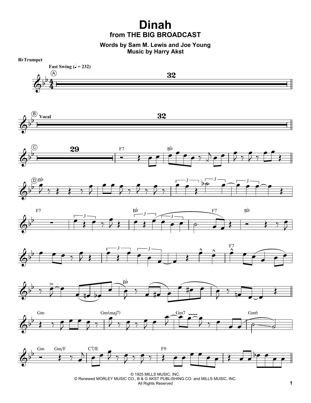 Louis Armstrong Dinah sheet music notes and chords arranged for Trumpet Transcription