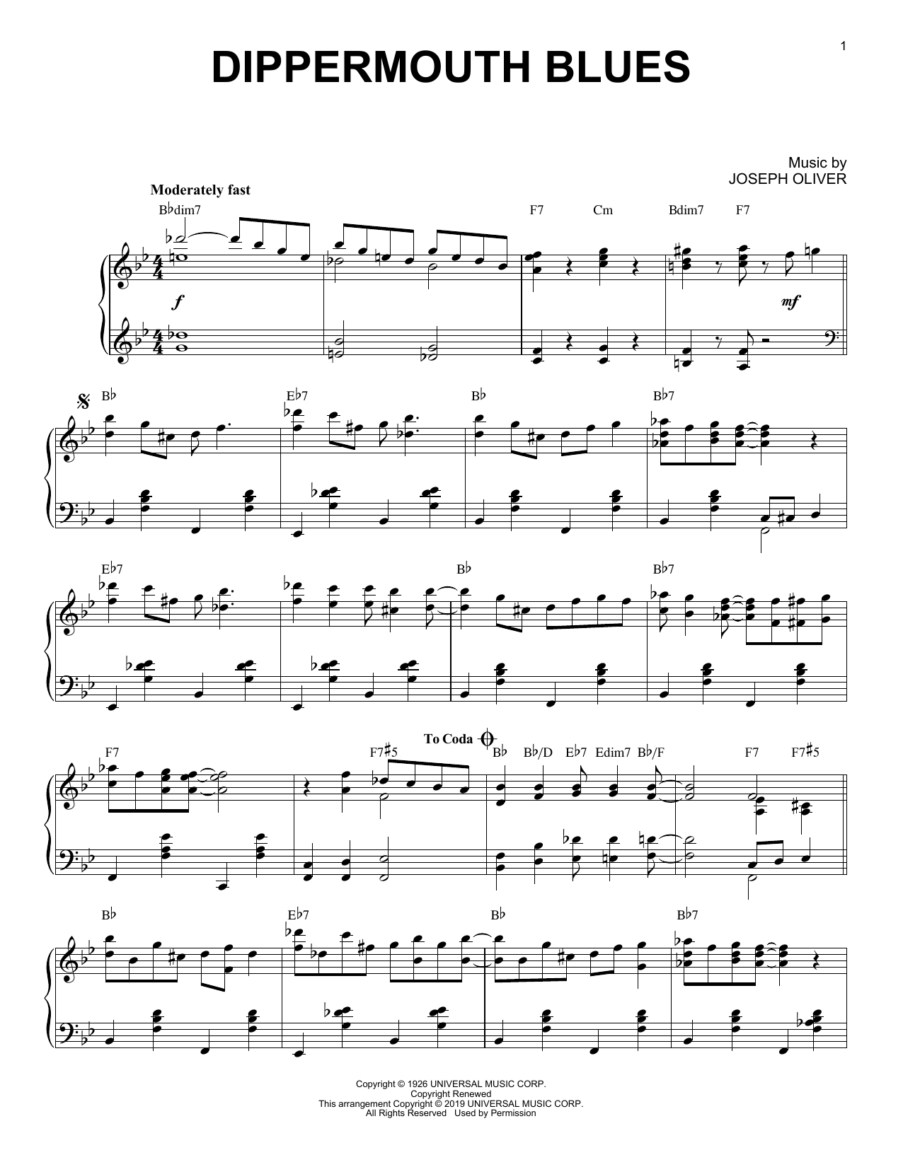Louis Armstrong Dippermouth Blues [Jazz version] sheet music notes and chords arranged for Piano Solo
