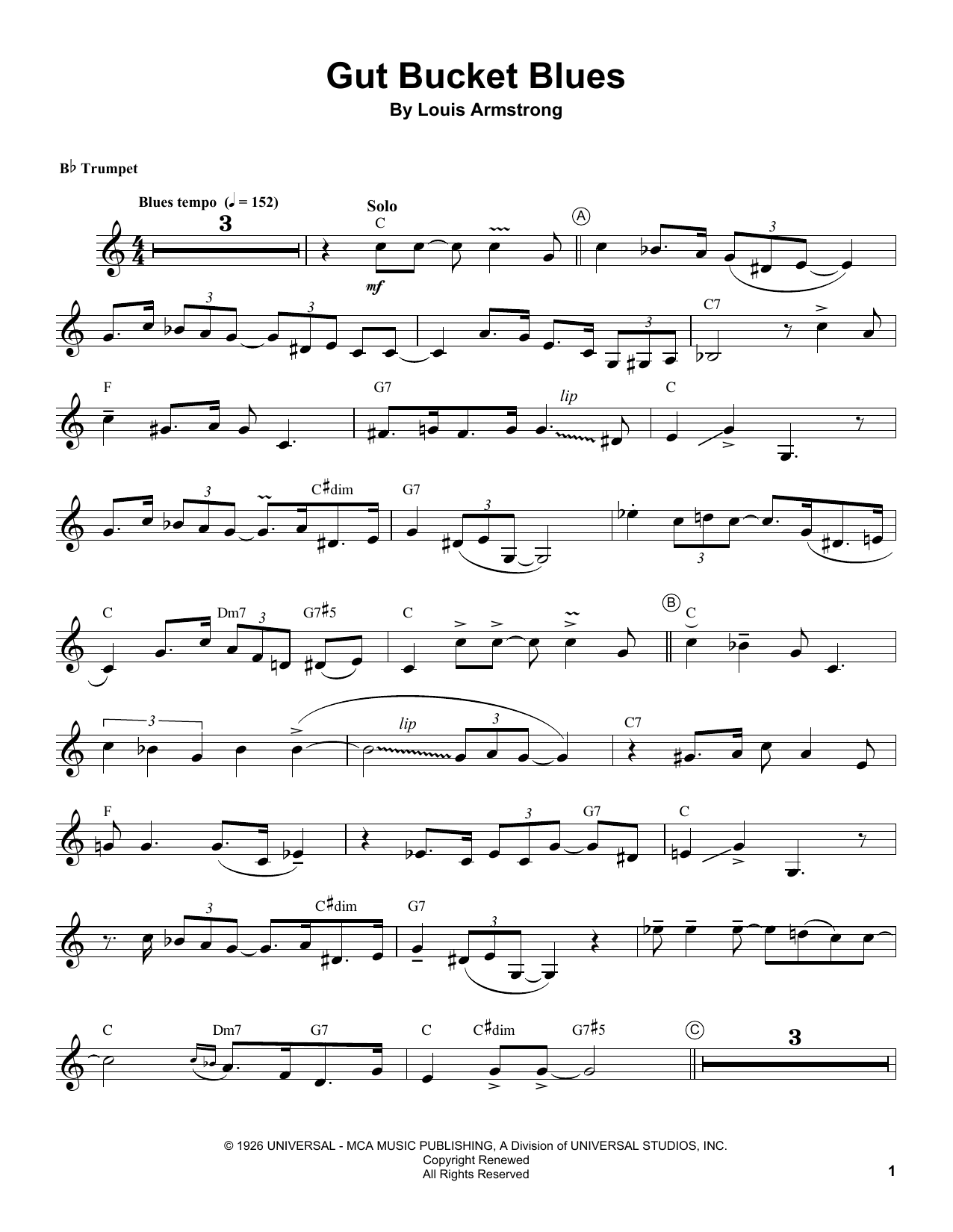 Louis Armstrong Gut Bucket Blues sheet music notes and chords arranged for Trumpet Transcription
