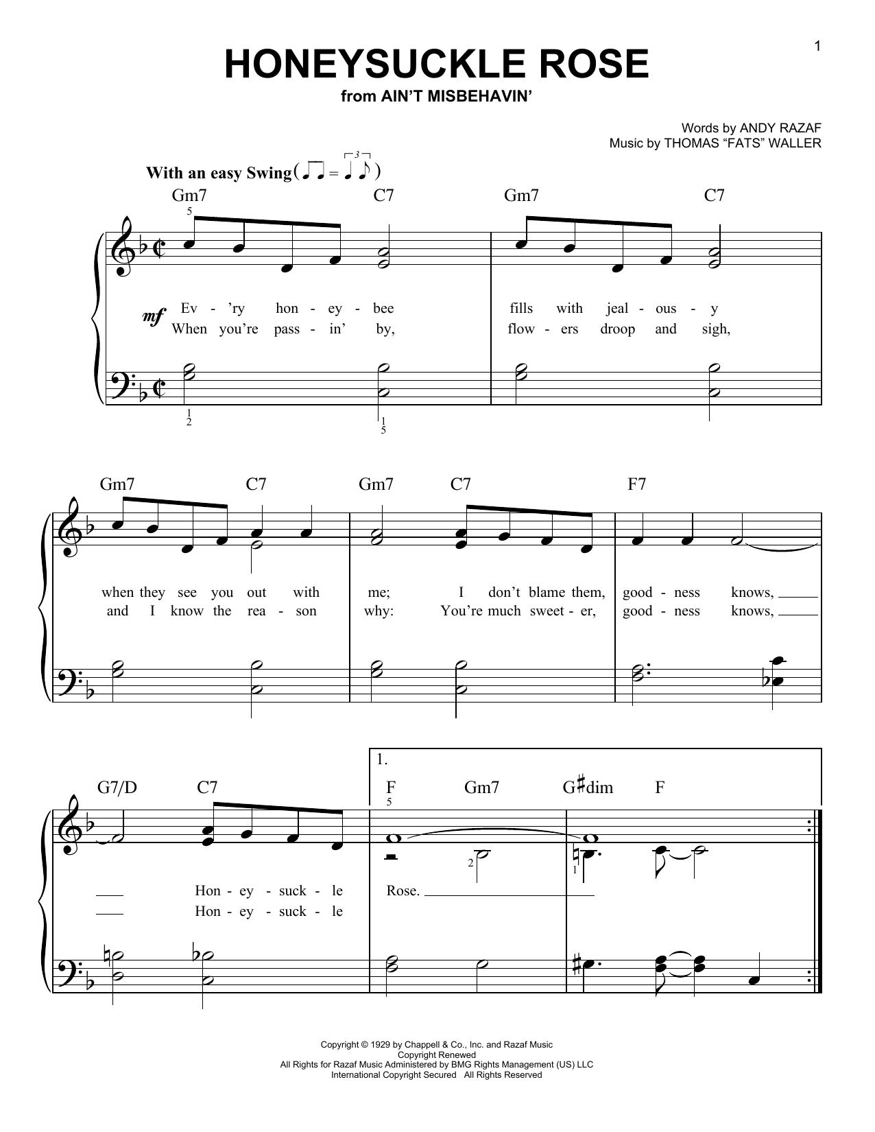 Louis Armstrong Honeysuckle Rose sheet music notes and chords arranged for Easy Piano