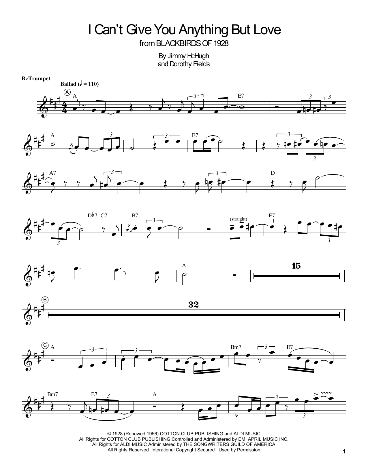 Louis Armstrong I Can't Give You Anything But Love sheet music notes and chords arranged for Trumpet Transcription