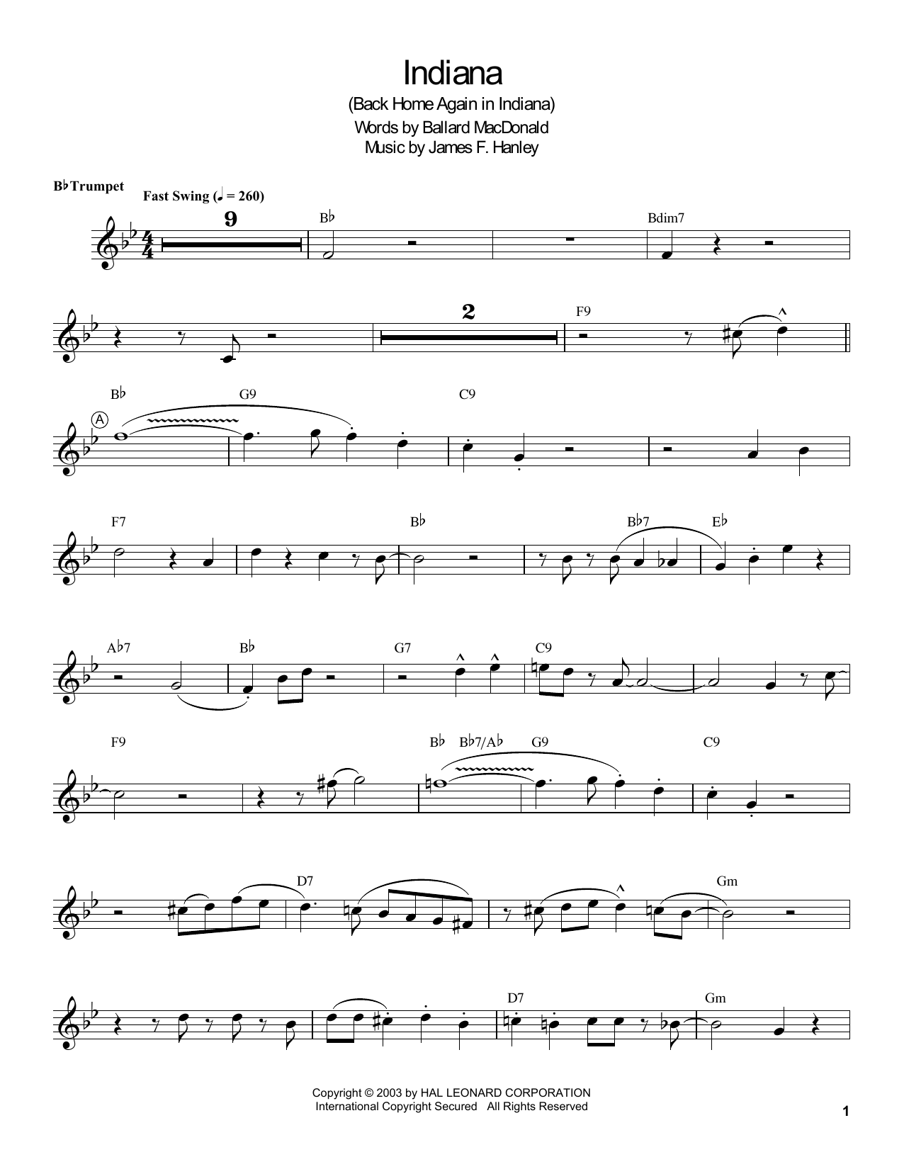 Louis Armstrong Indiana (Back Home Again In Indiana) sheet music notes and chords arranged for Trumpet Transcription