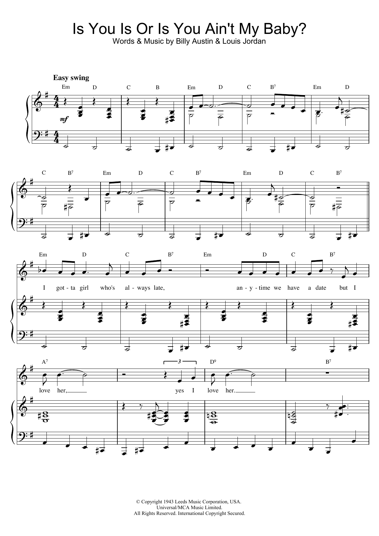 Louis Armstrong Is You Is Or Is You Ain't My Baby? sheet music notes and chords arranged for Piano & Vocal