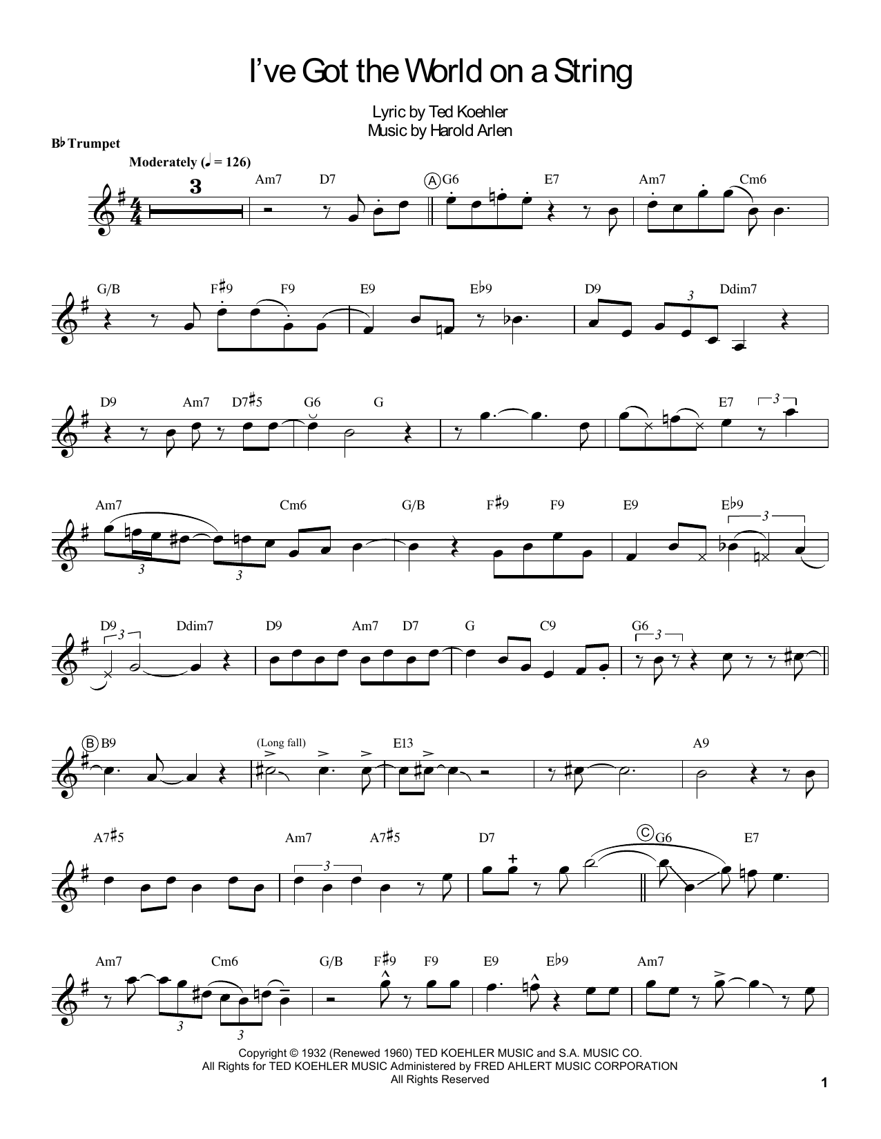 Louis Armstrong I've Got The World On A String sheet music notes and chords arranged for Trumpet Transcription