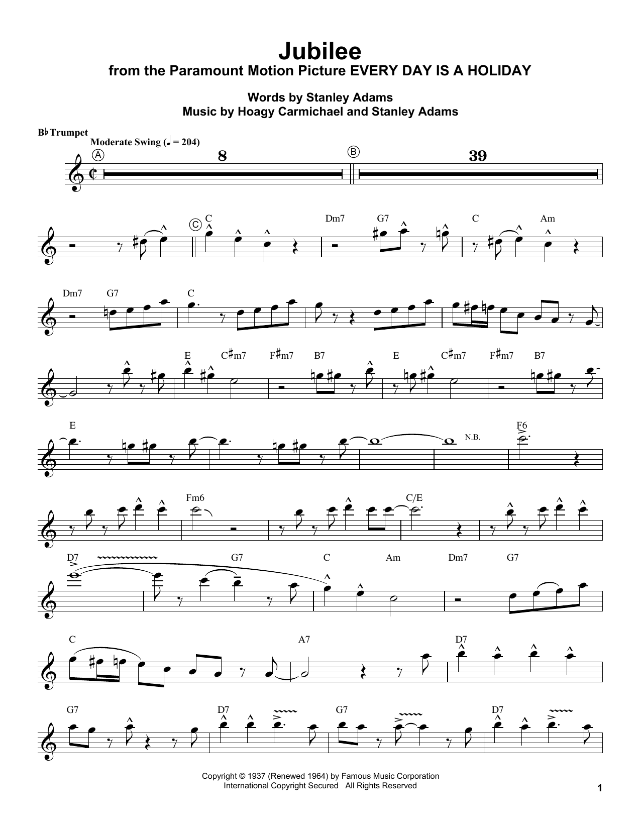 Louis Armstrong Jubilee sheet music notes and chords arranged for Trumpet Transcription