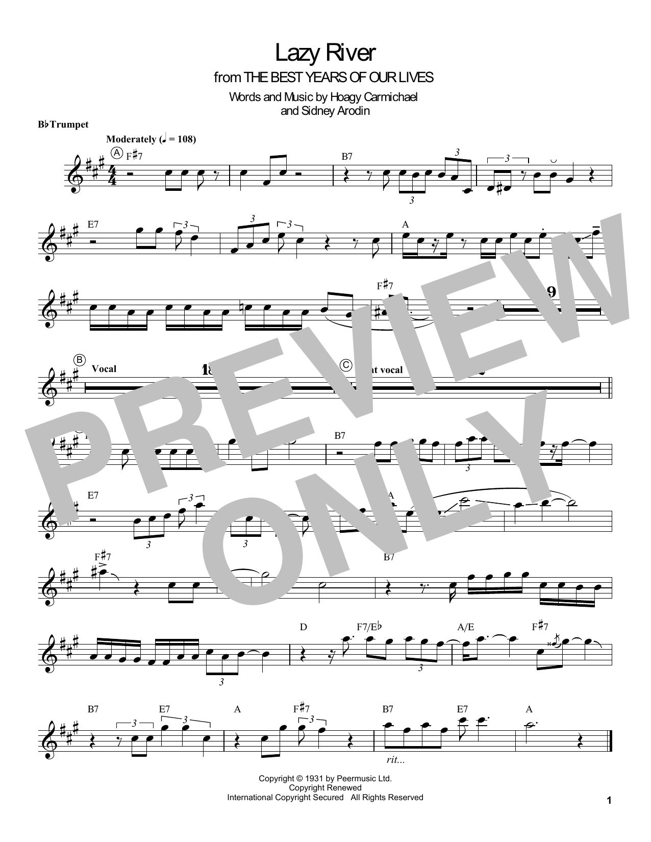 Louis Armstrong Lazy River sheet music notes and chords arranged for Trumpet Transcription