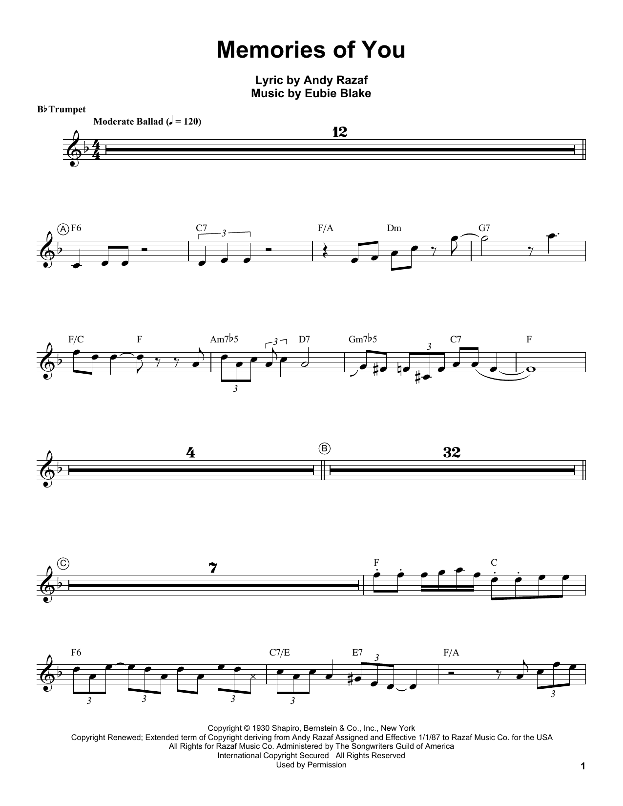 Louis Armstrong Memories Of You sheet music notes and chords arranged for Trumpet Transcription
