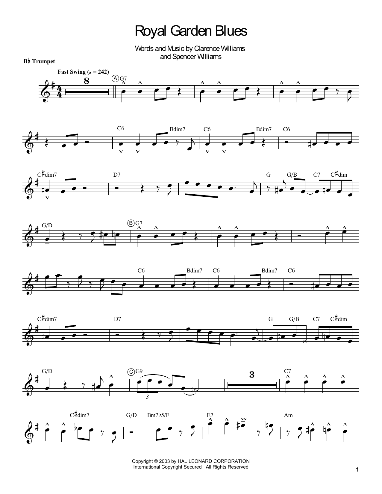 Louis Armstrong Royal Garden Blues sheet music notes and chords arranged for Trumpet Transcription