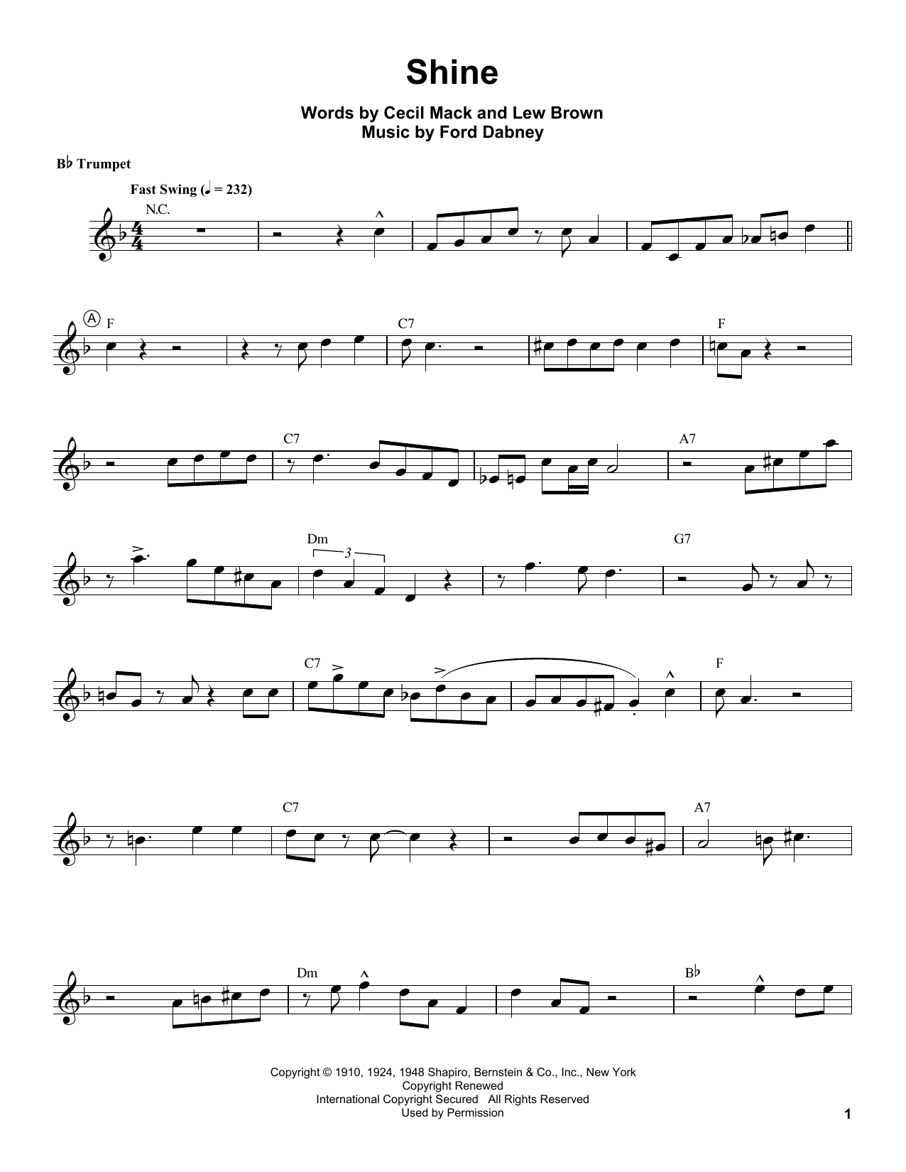 Louis Armstrong Shine sheet music notes and chords arranged for Trumpet Transcription