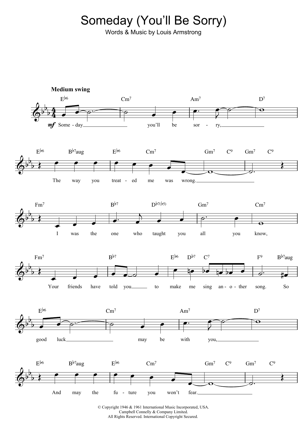 Louis Armstrong Someday (You'll Be Sorry) sheet music notes and chords arranged for Piano, Vocal & Guitar Chords