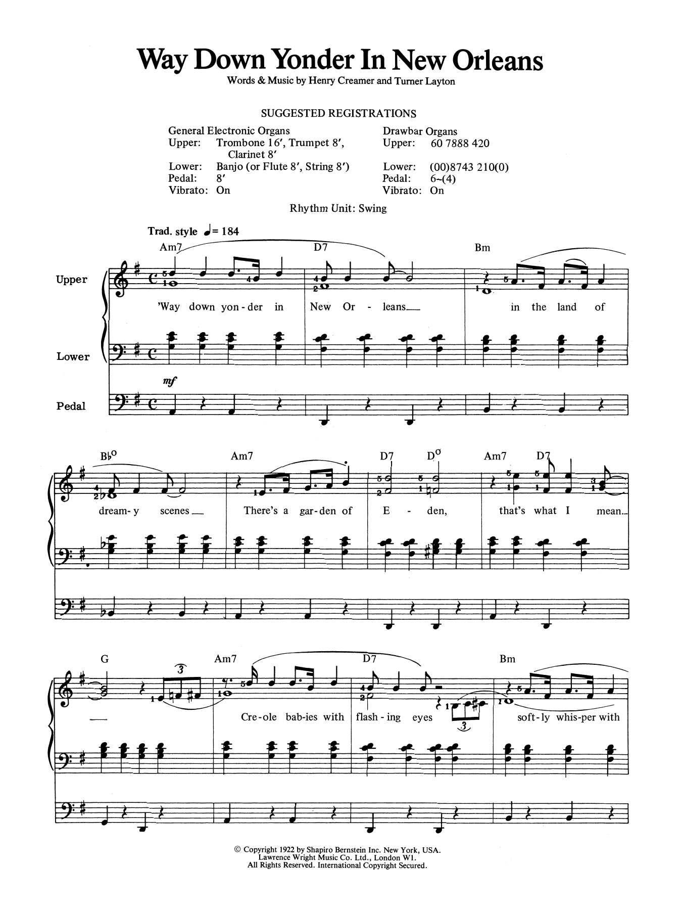 Louis Armstrong Way Down Yonder In New Orleans sheet music notes and chords arranged for Organ