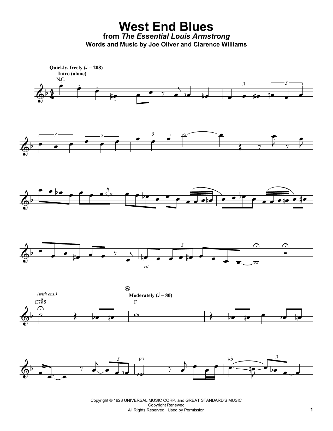 Louis Armstrong West End Blues sheet music notes and chords arranged for Trumpet Transcription