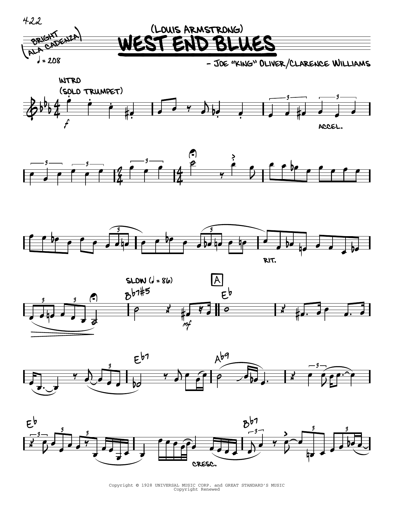 Louis Armstrong West End Blues (solo only) sheet music notes and chords arranged for Real Book – Melody & Chords