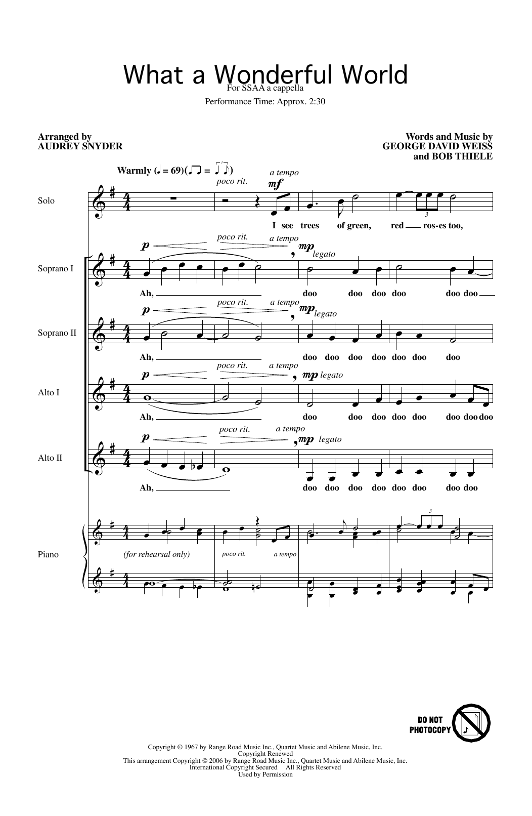 Louis Armstrong What A Wonderful World (arr. Audrey Snyder) sheet music notes and chords arranged for SSAA Choir