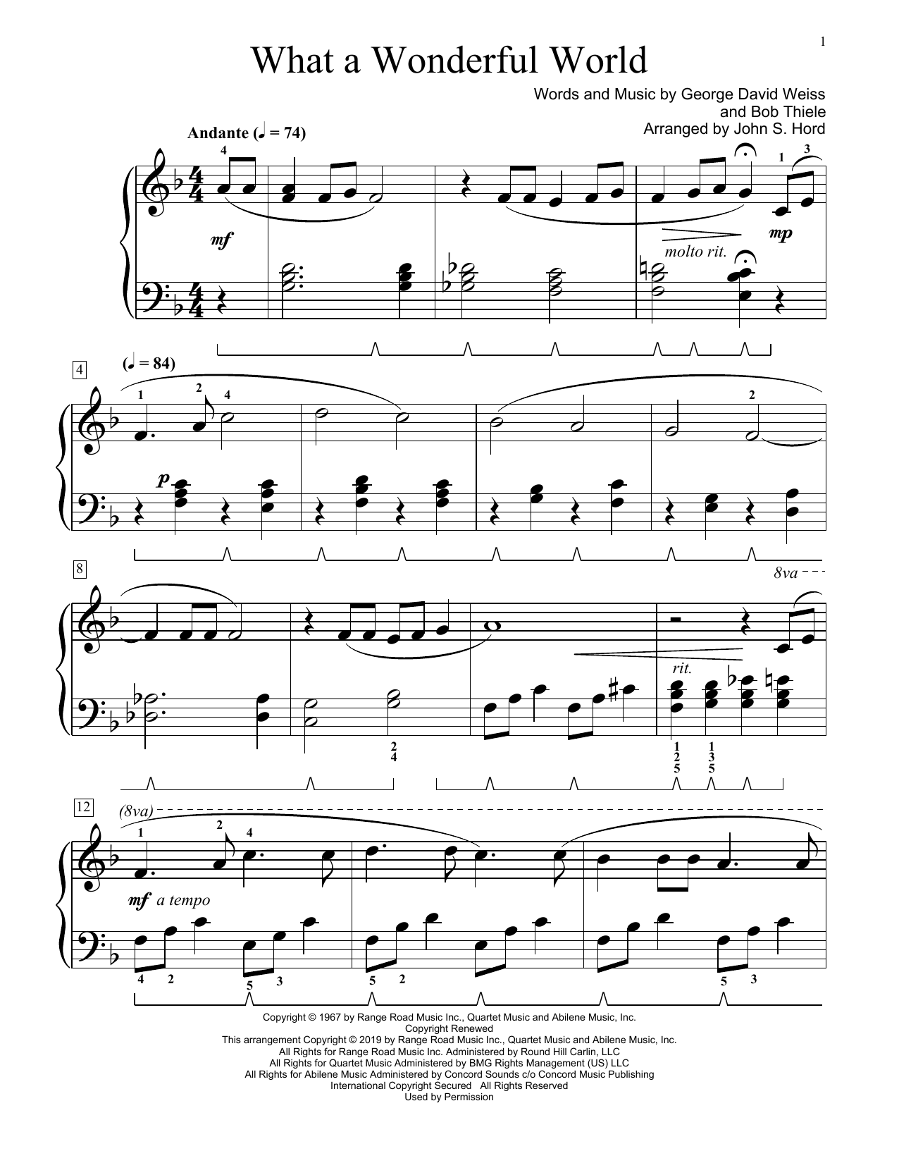 Louis Armstrong What A Wonderful World (arr. John S. Hord) sheet music notes and chords arranged for Educational Piano