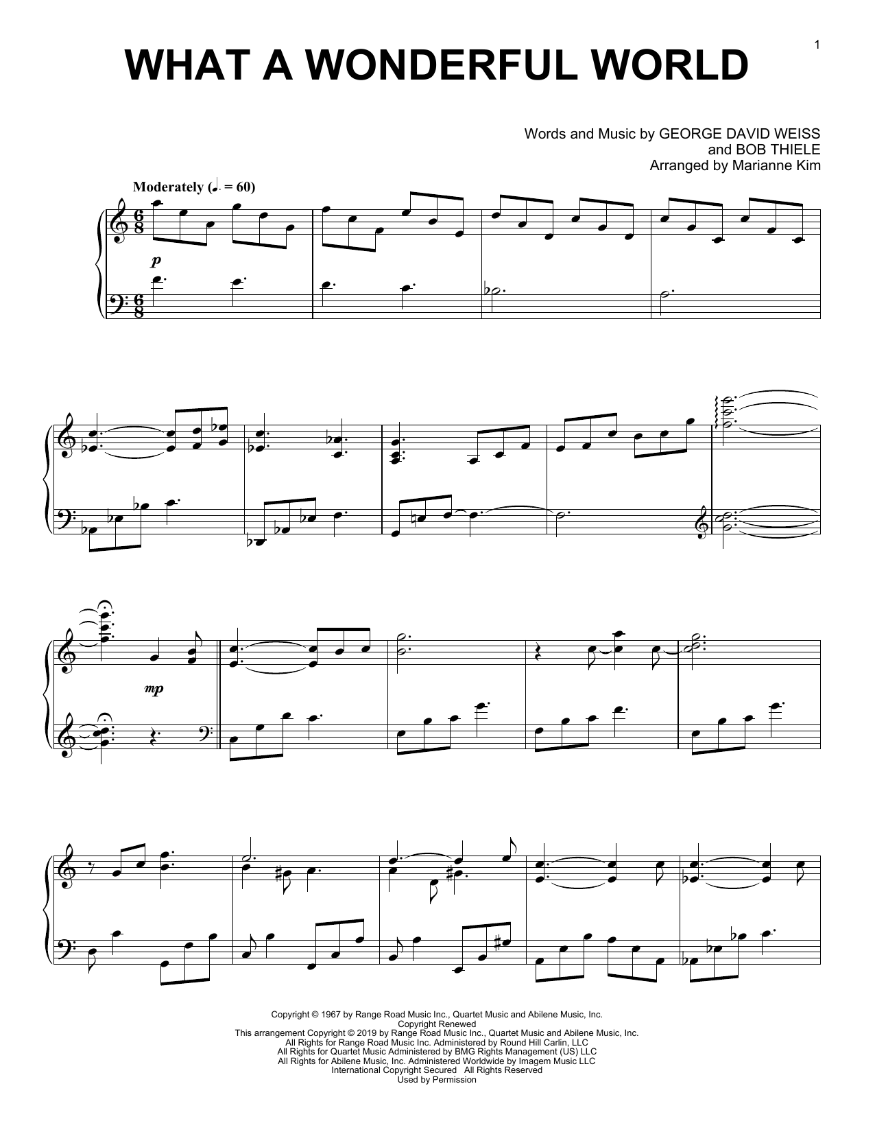 Louis Armstrong What A Wonderful World (arr. Marianne Kim) sheet music notes and chords arranged for Piano Solo