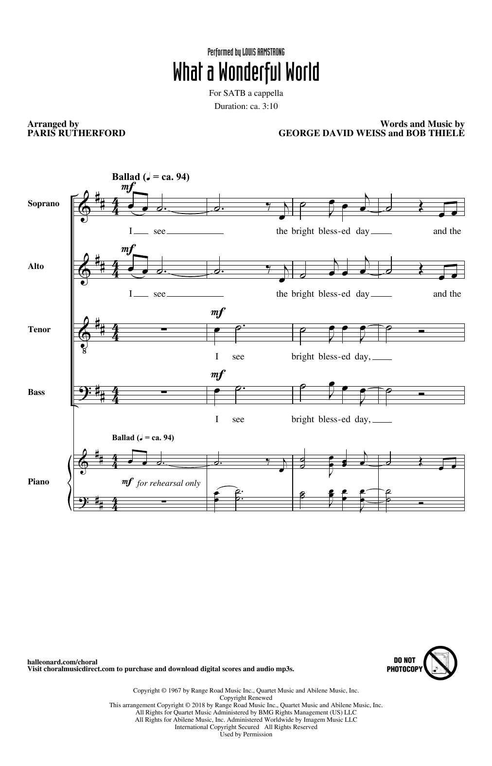 Louis Armstrong What A Wonderful World (arr. Paris Rutherford) sheet music notes and chords arranged for SATB Choir
