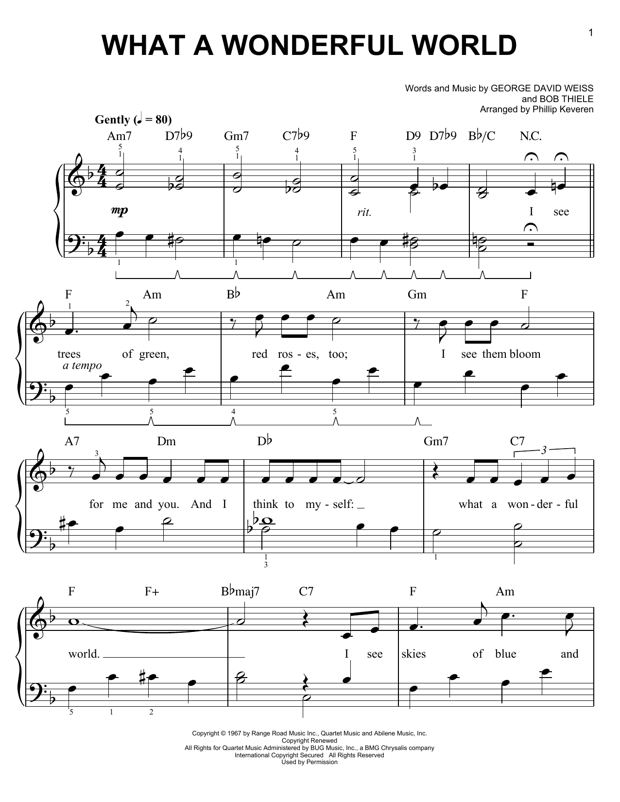 Louis Armstrong What A Wonderful World (arr. Phillip Keveren) sheet music notes and chords arranged for Easy Piano