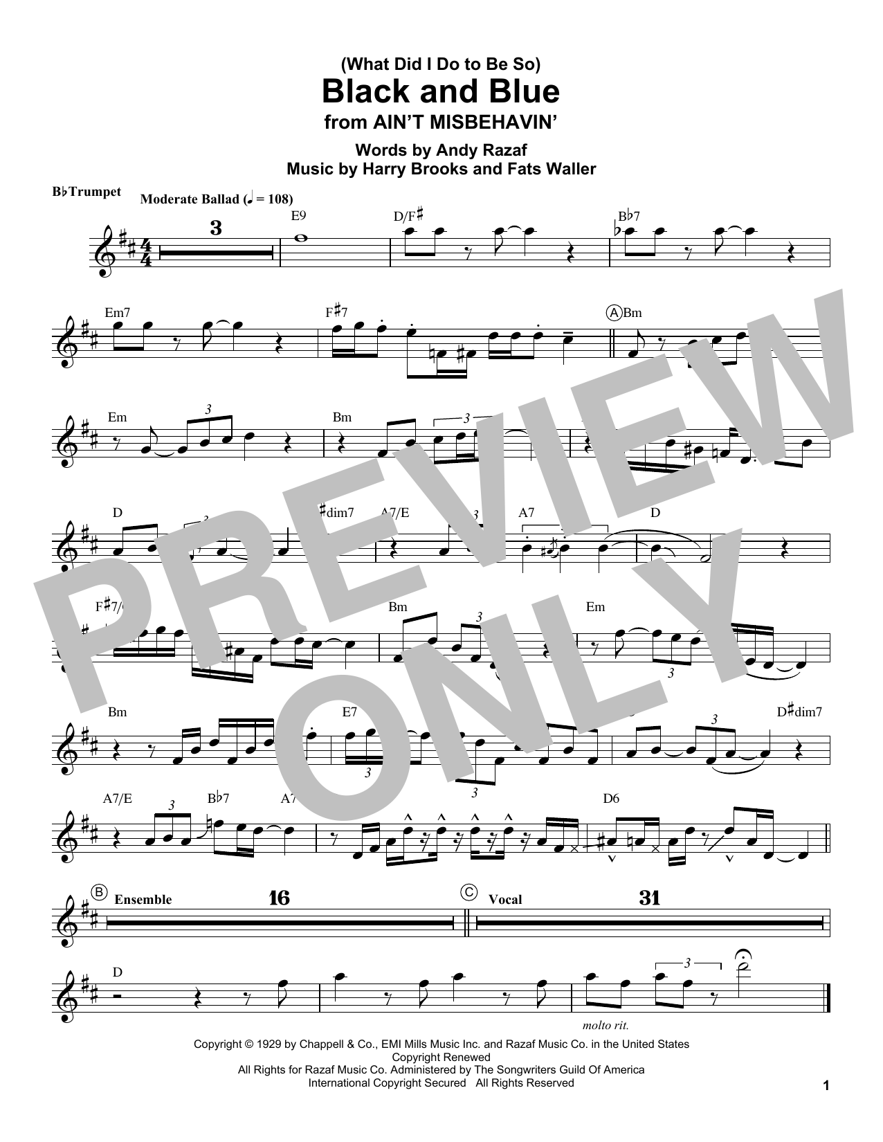 Louis Armstrong (What Did I Do To Be So) Black And Blue sheet music notes and chords arranged for Trumpet Transcription