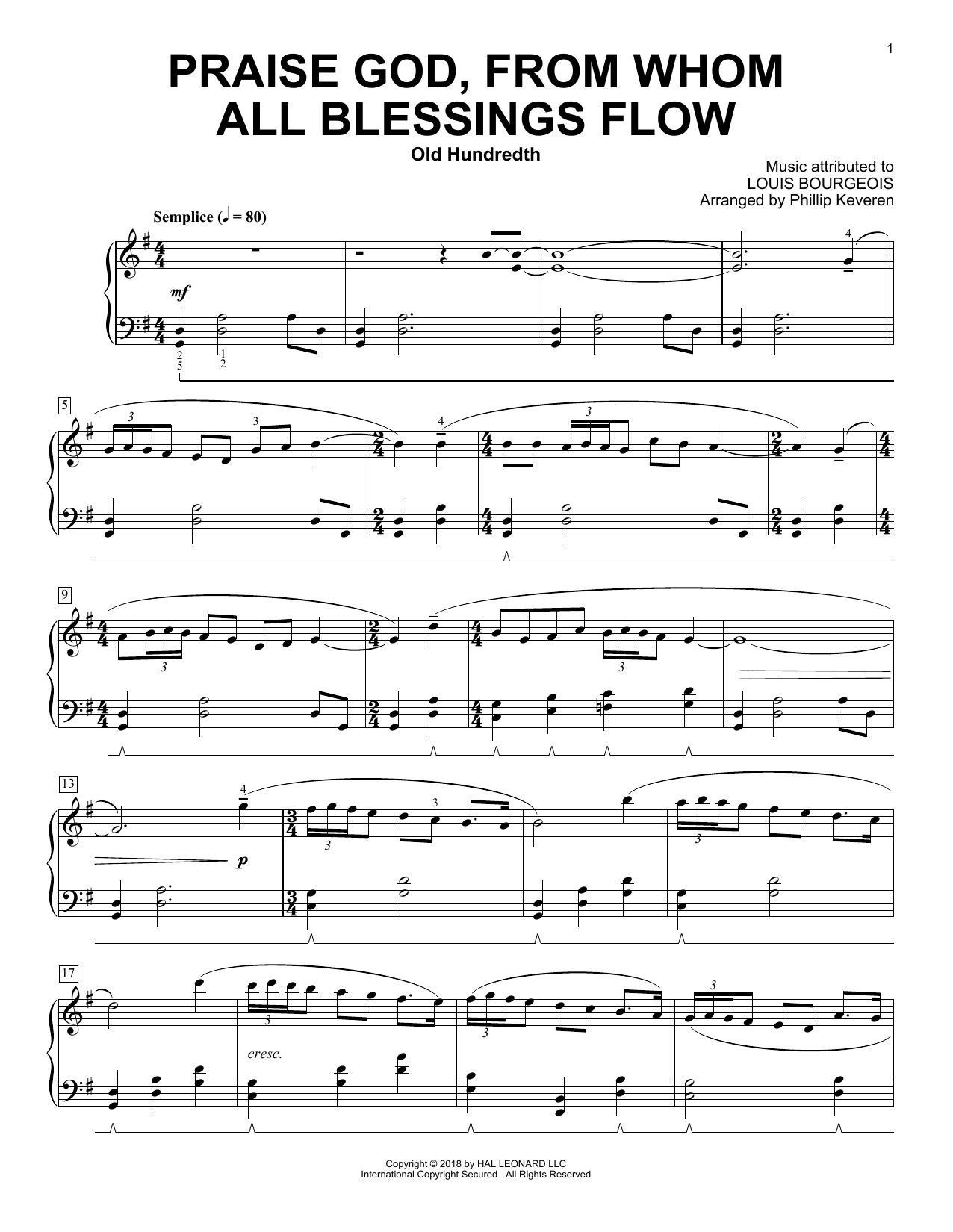 Louis Bourgeois Praise God, From Whom All Blessings Flow (arr. Phillip Keveren) sheet music notes and chords arranged for Piano Solo