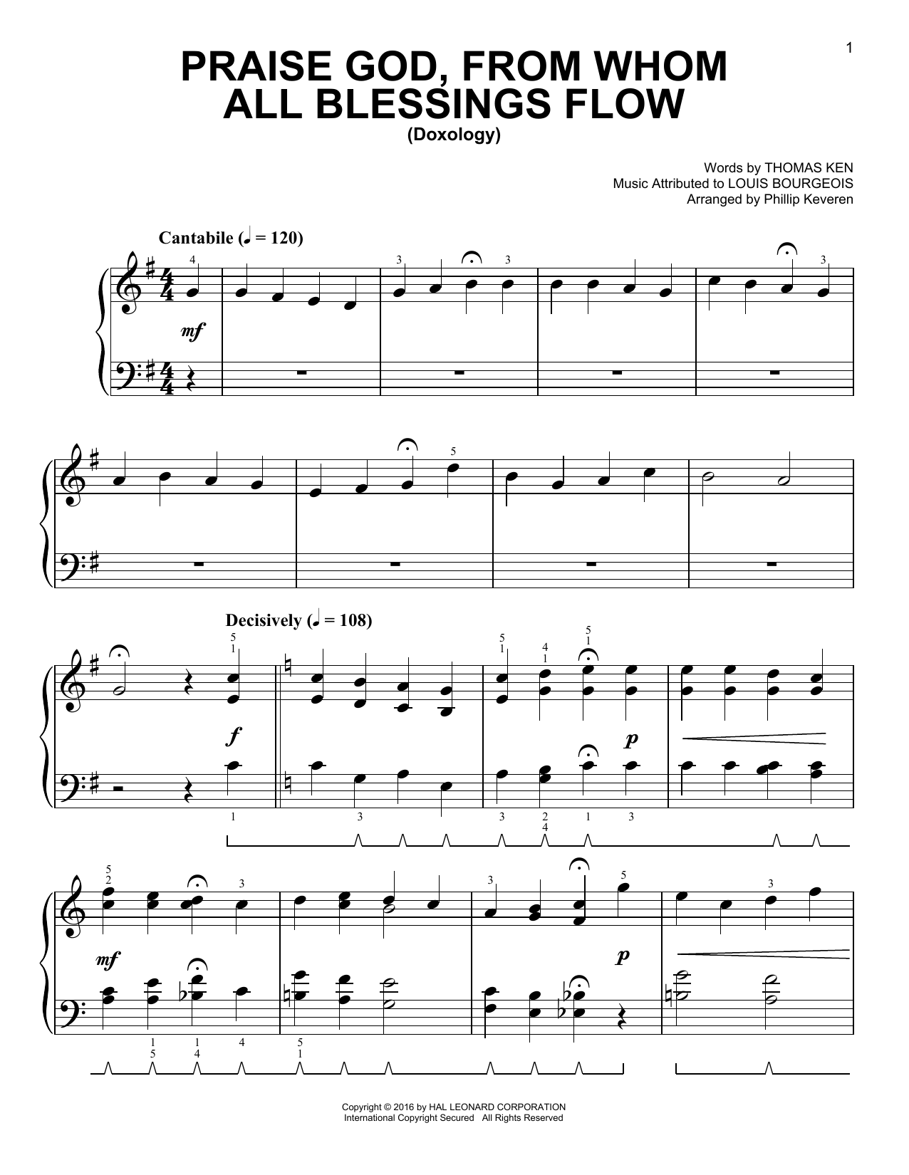 Louis Bourgeois Praise God, From Whom All Blessings Flow [Classical version] (arr. Phillip Keveren) sheet music notes and chords arranged for Easy Piano