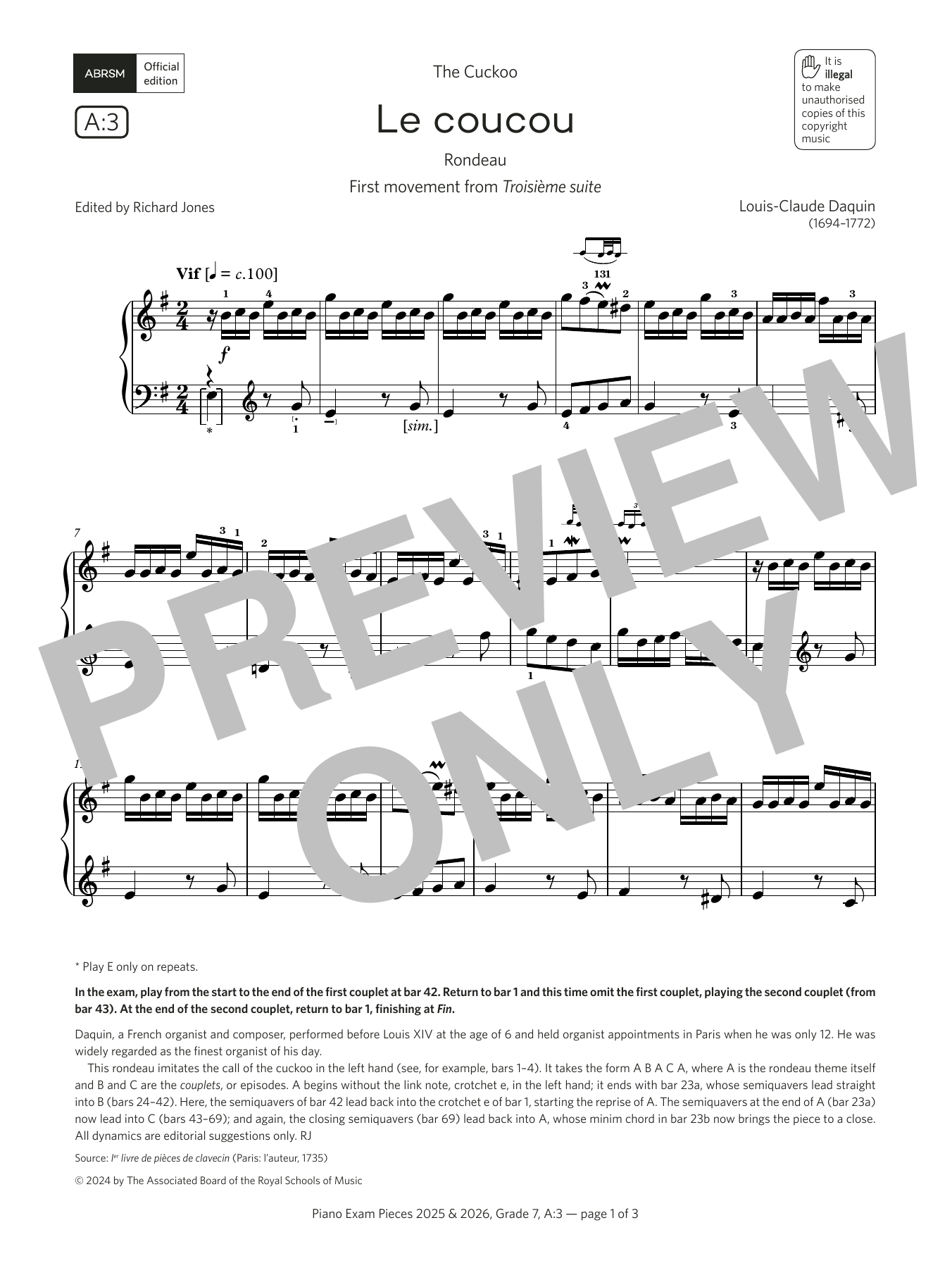 Louis-Claude Daquin Le coucou (Grade 7, list A3, from the ABRSM Piano Syllabus 2025 & 2026) sheet music notes and chords arranged for Piano Solo