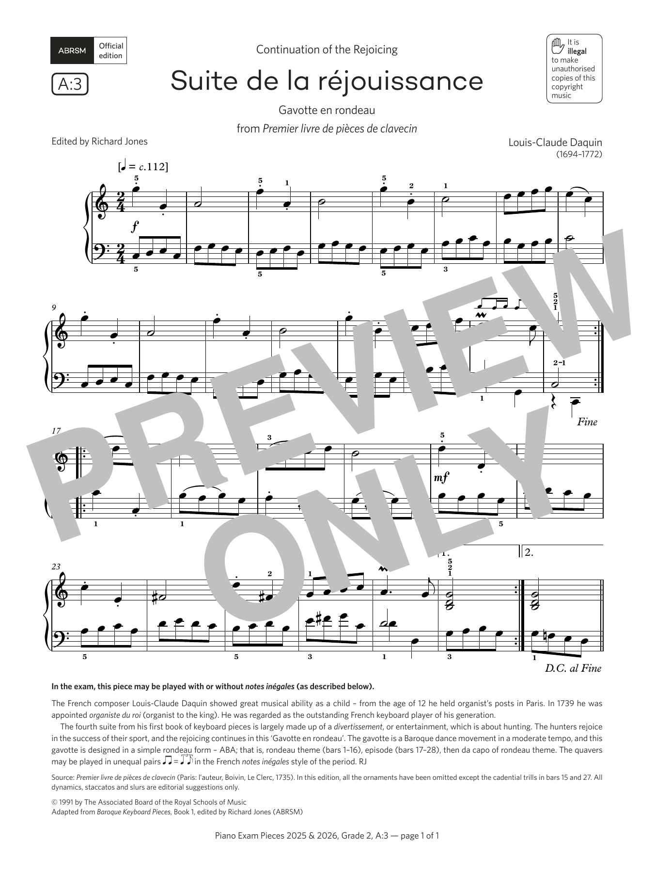 Louis-Claude Daquin Suite de la réjouissance (Grade 2, list A3, from the ABRSM Piano Syllabus 2025 & 2026) sheet music notes and chords arranged for Piano Solo