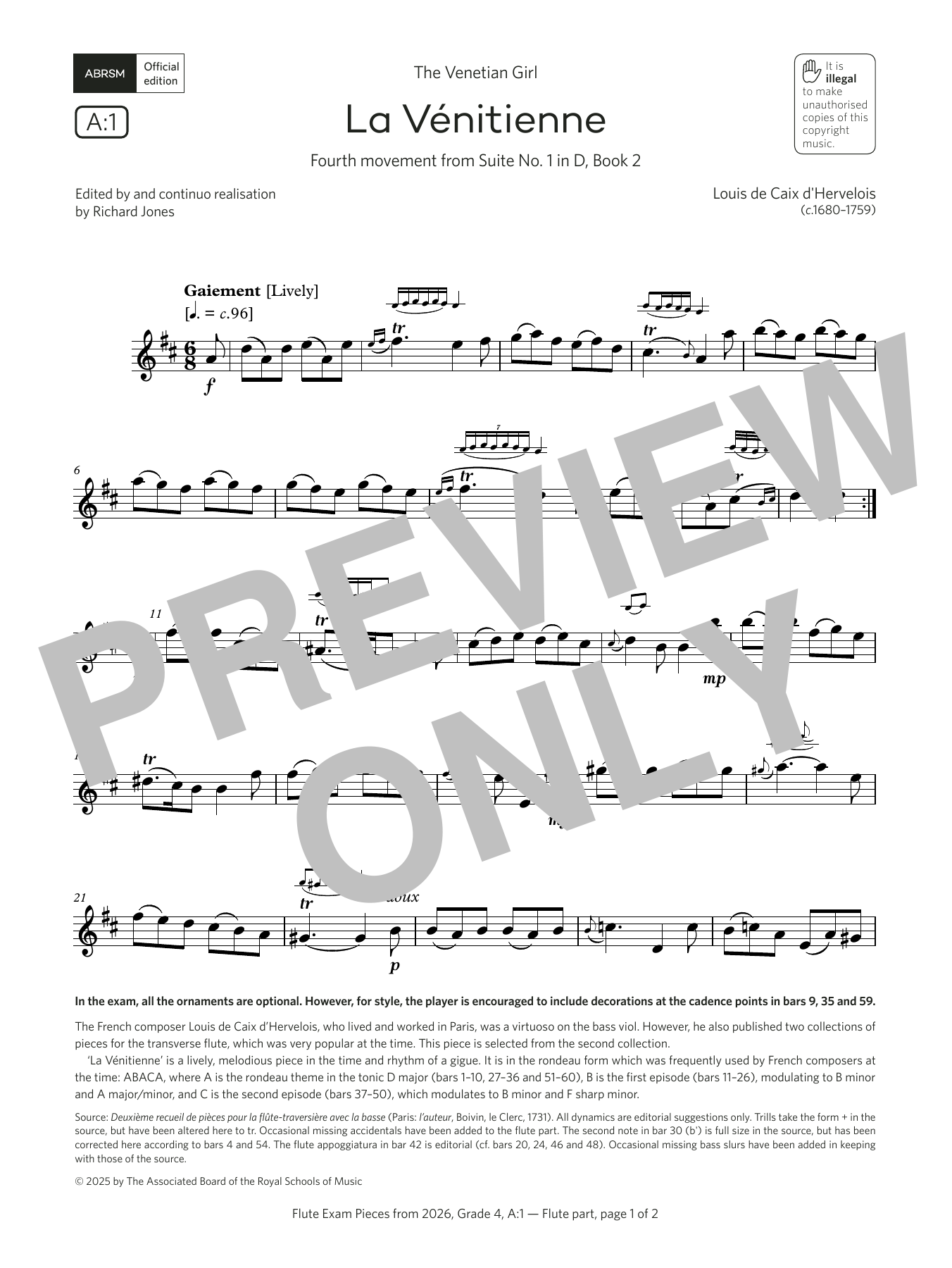 Louis de Caix d'Hervelois La Vénitienne (Grade 4, list A1, from the ABRSM Flute Syllabus from 2026) sheet music notes and chords arranged for Flute Solo