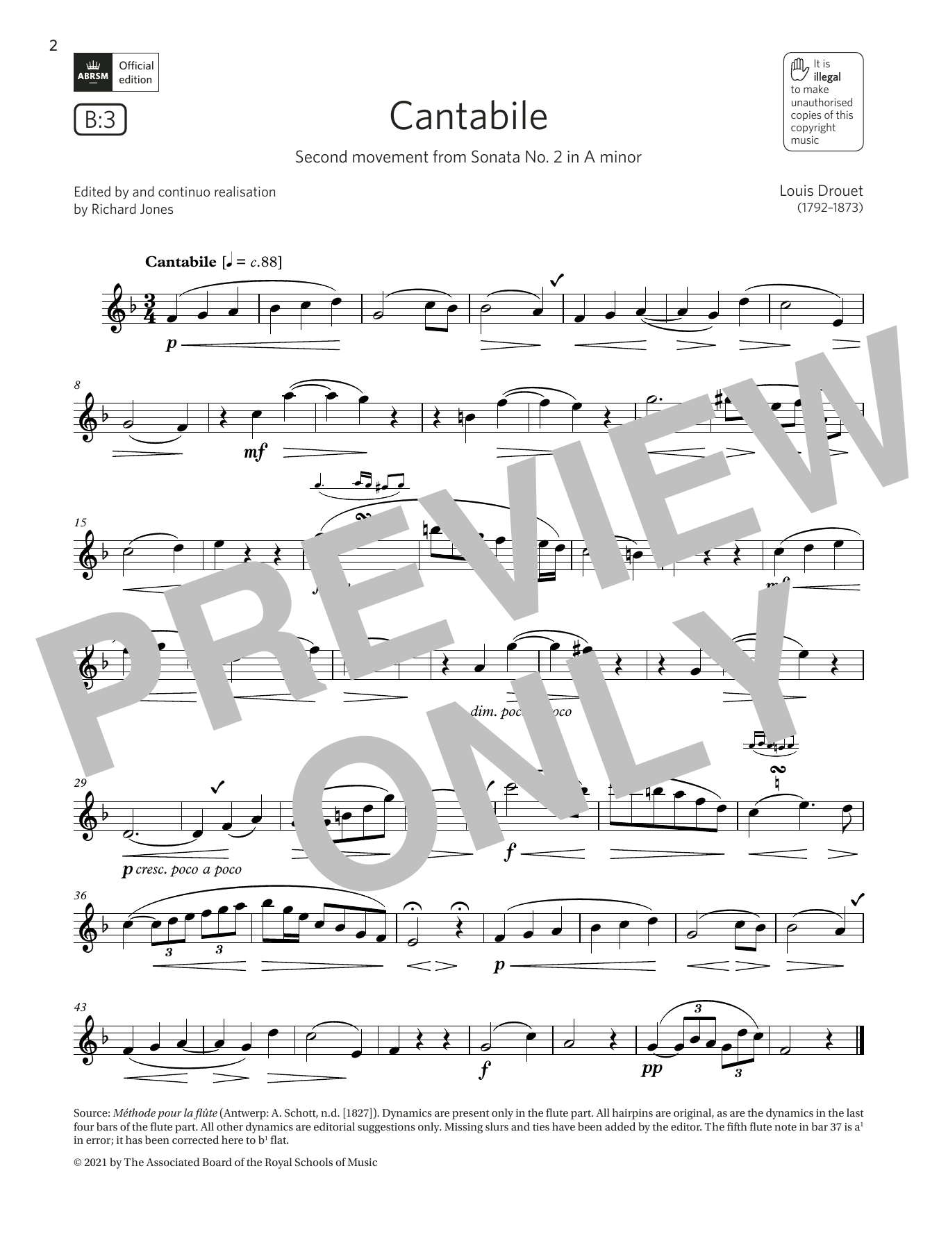 Louis Drouet Cantabile (from Sonata No. 2 in A minor) (Grade 4 List B3 from the ABRSM Flute syllabus from 2022) sheet music notes and chords arranged for Flute Solo