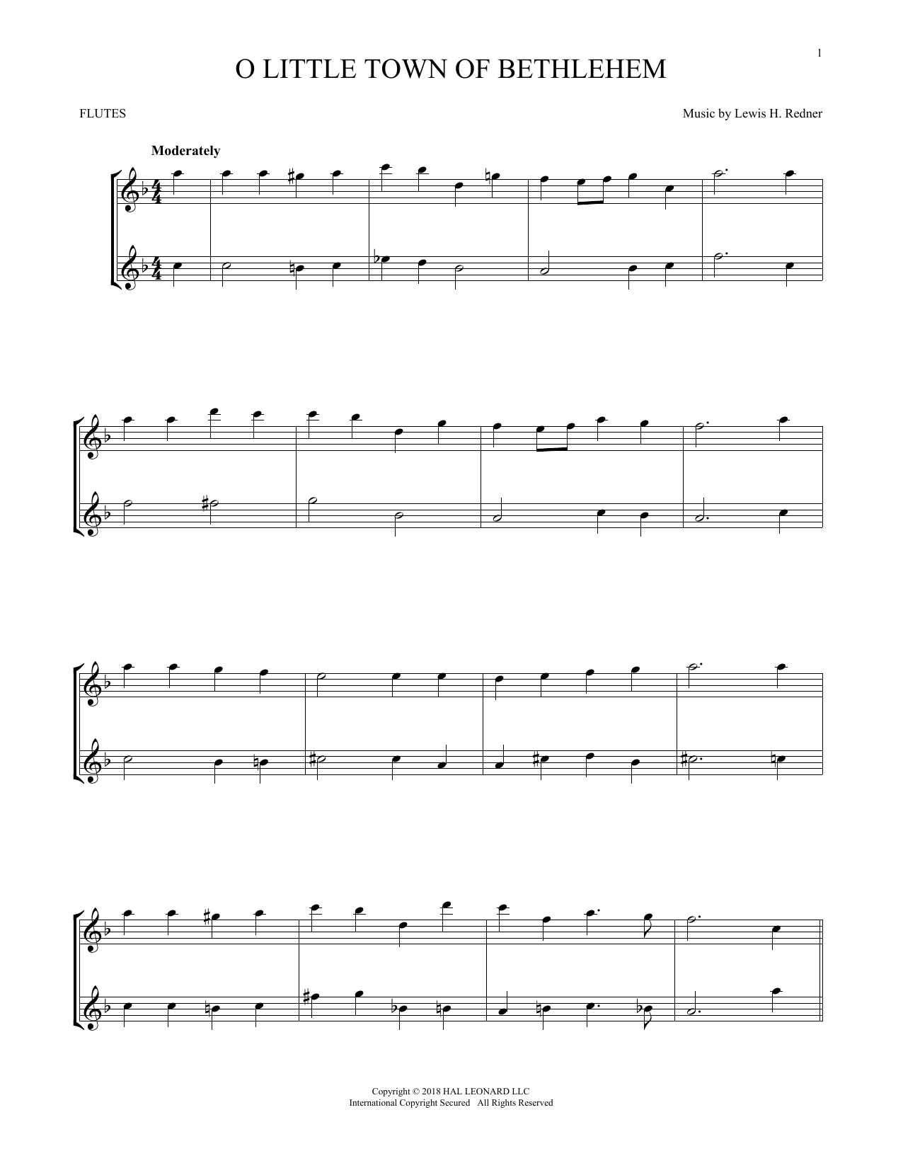 Lewis H. Redner O Little Town Of Bethlehem sheet music notes and chords arranged for Flute Duet