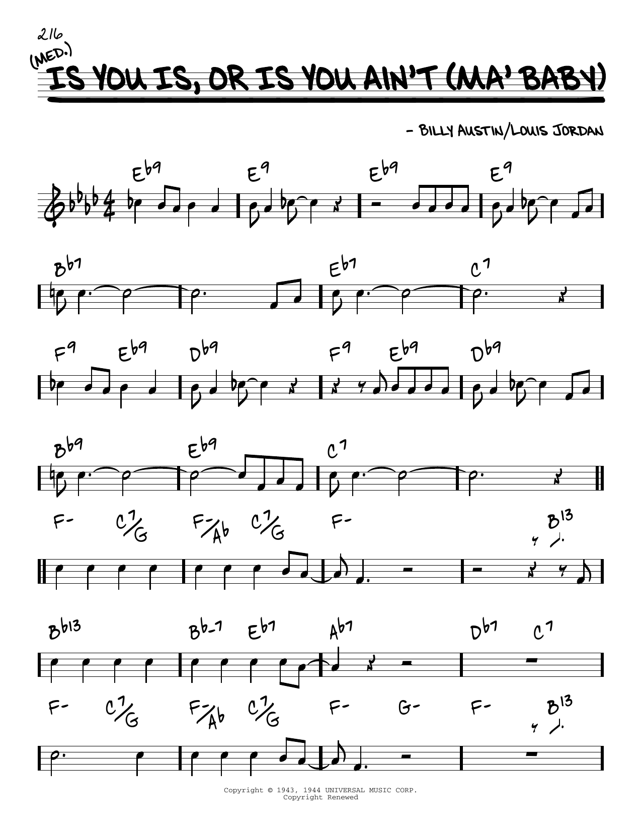 Louis Jordan and his Tympany Five Is You Is, Or Is You Ain't (Ma' Baby) [Reharmonized version] (arr. Jack Grassel) sheet music notes and chords arranged for Real Book – Melody & Chords