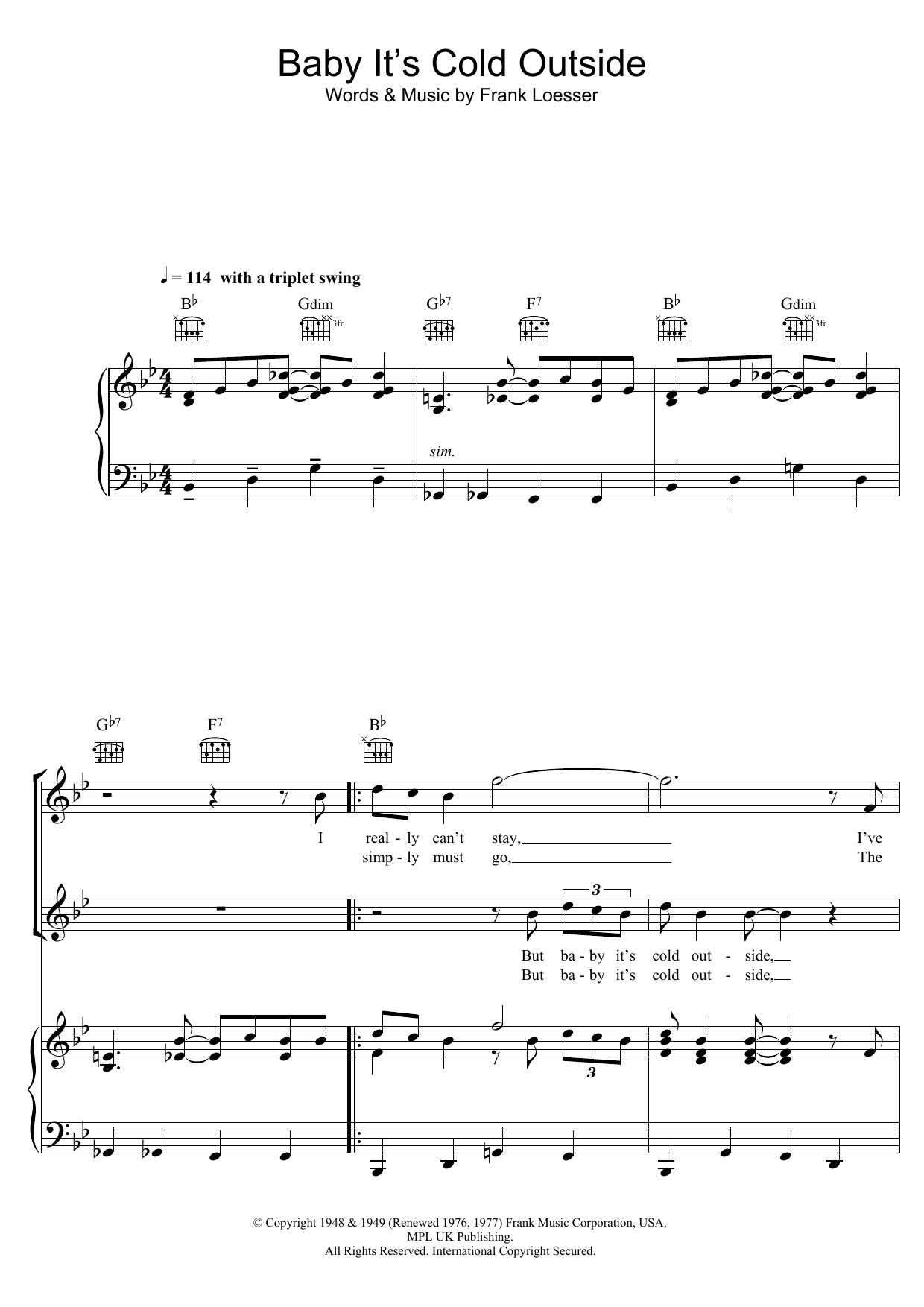 Louis Jordan Baby, It's Cold Outside sheet music notes and chords arranged for Piano, Vocal & Guitar Chords
