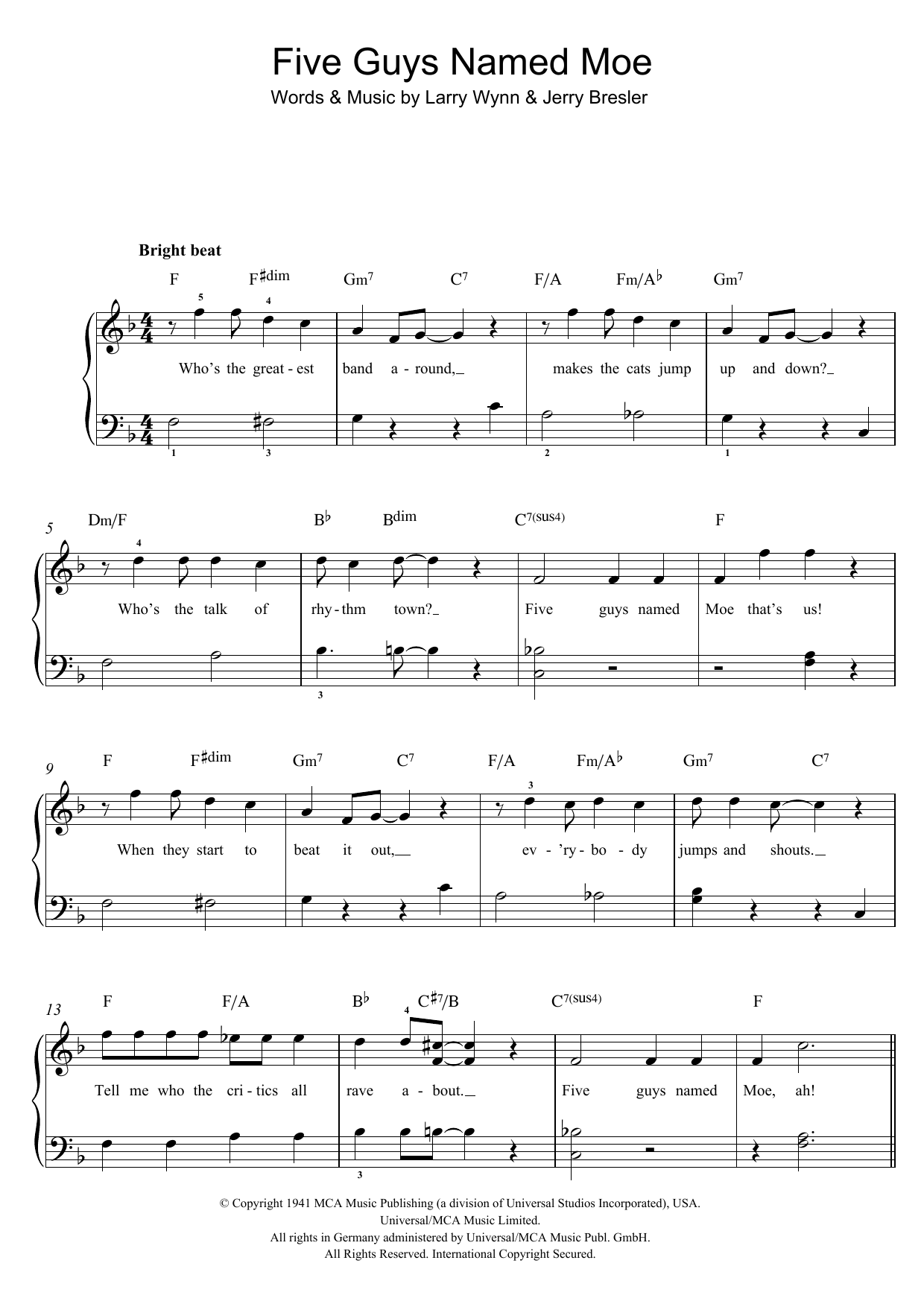 Louis Jordan Five Guys Named Moe sheet music notes and chords arranged for Easy Piano