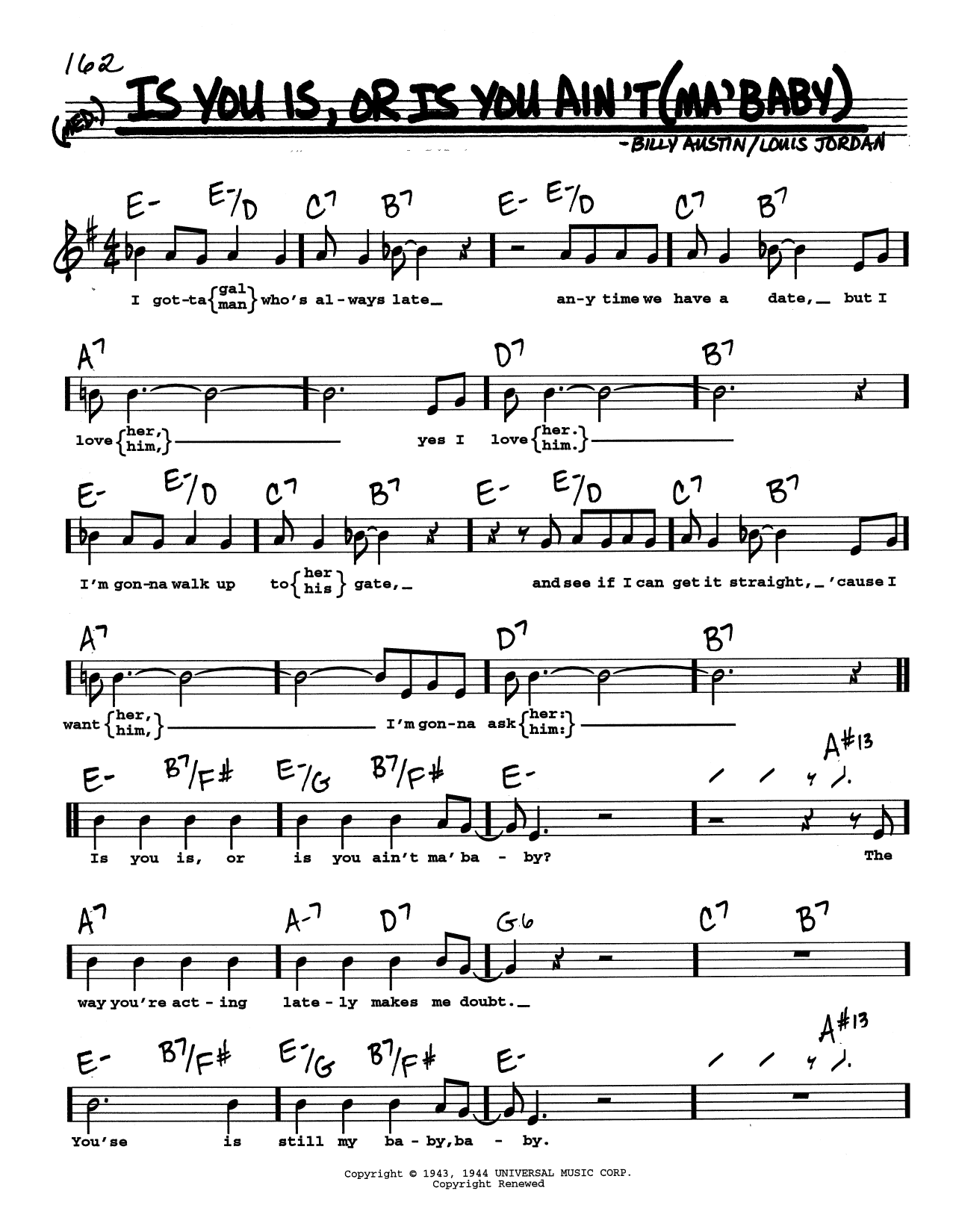 Louis Jordan Is You Is, Or Is You Ain't (Ma' Baby) (Low Voice) sheet music notes and chords arranged for Real Book – Melody, Lyrics & Chords