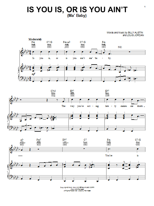 Louis Jordan Is You Is, Or Is You Ain't (Ma' Baby) sheet music notes and chords arranged for Pro Vocal