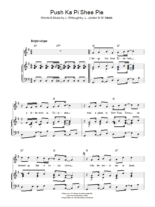 Louis Jordan Push Ka Pi Shee Pie sheet music notes and chords arranged for Piano, Vocal & Guitar Chords