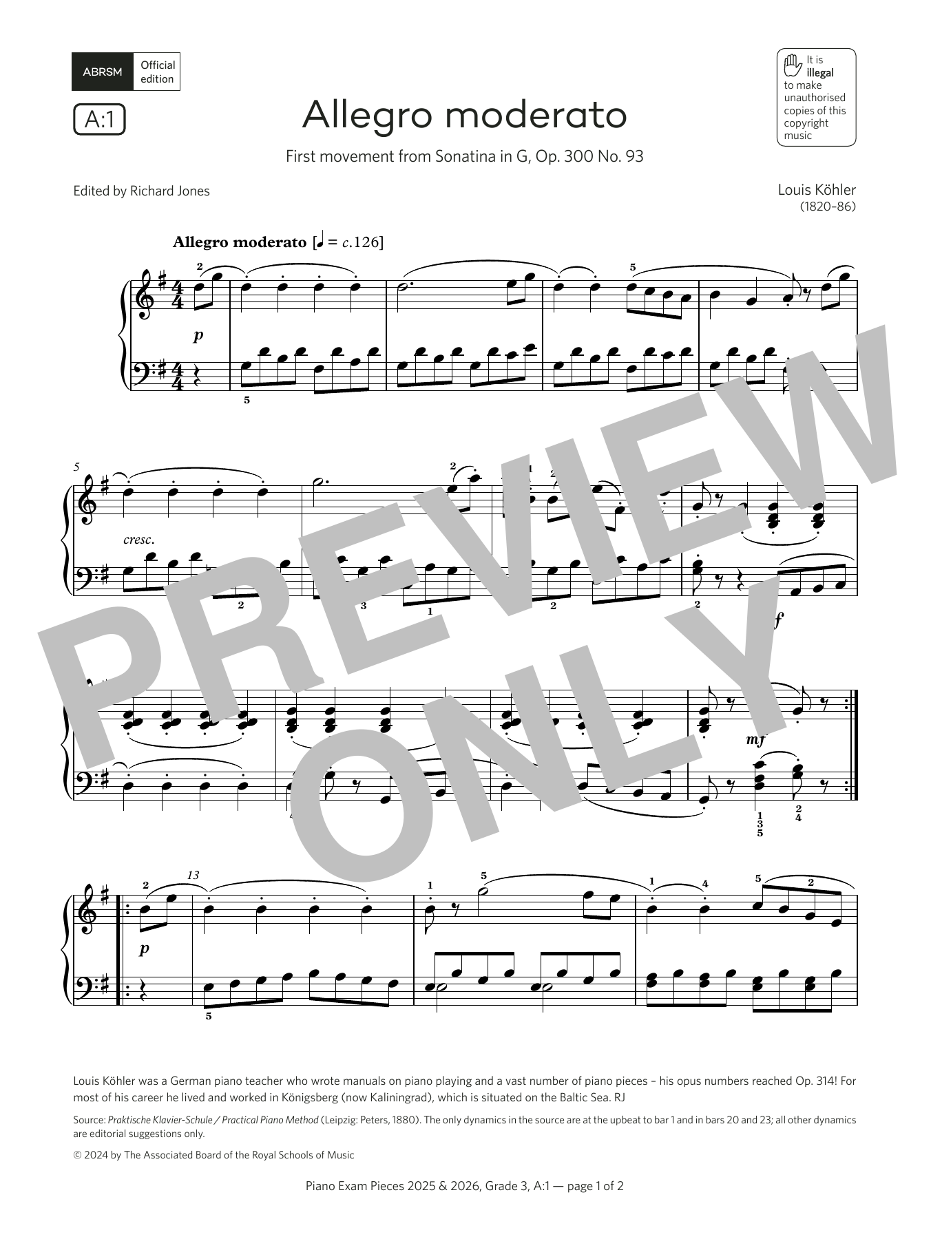 Louis Köhler Allegro moderato (Grade 3, list A1, from the ABRSM Piano Syllabus 2025 & 2026) sheet music notes and chords arranged for Piano Solo