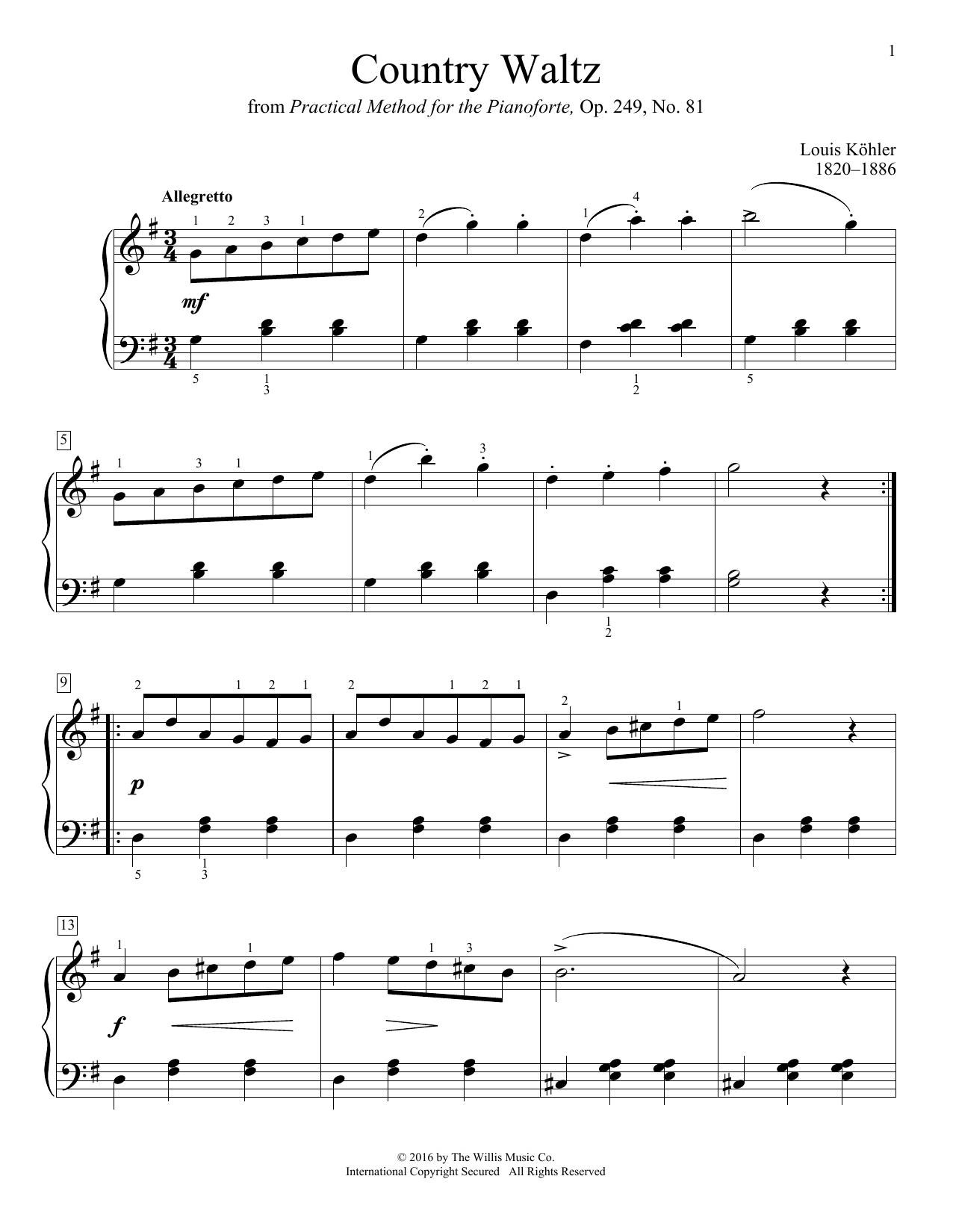 Louis Kohler Country Waltz sheet music notes and chords arranged for Educational Piano